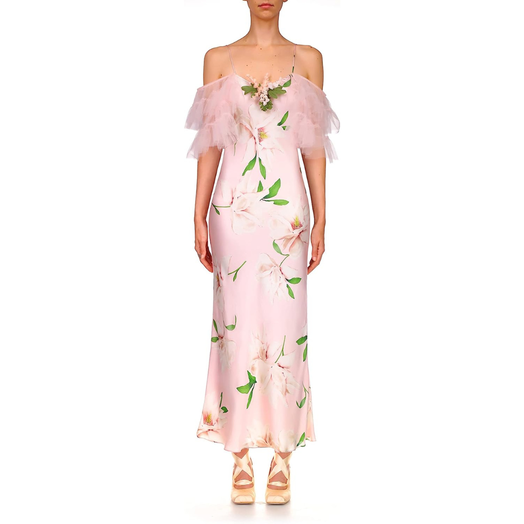 Rodarte Floral Printed Silk Bias Slip Dress With Ruffle Sleeves And Silk Flower