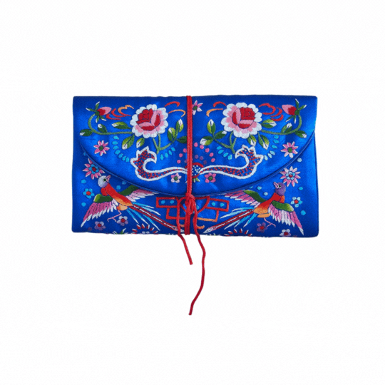 Vintage Chinese Silk Embroidered Jewelry Roll Travel Pouch