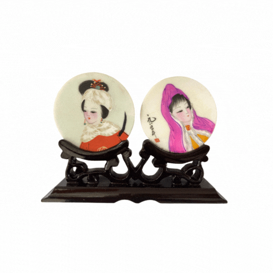 Hand Painted Asian Geisha Marble Ornaments on Wood Stand