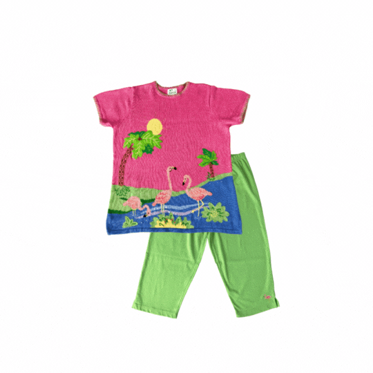 Vintage The Quaker Factory  Pink Short Sleeve Flamingo Top and Bottom Set