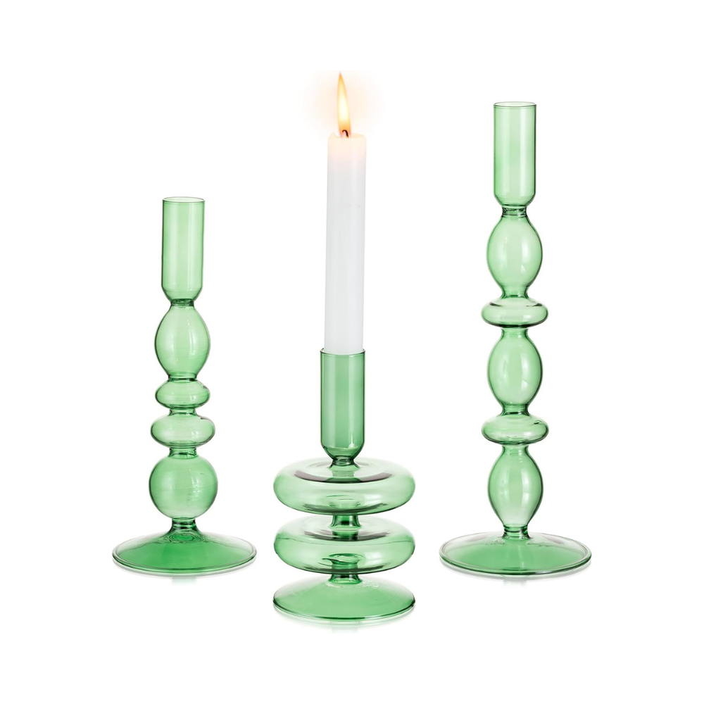 Glasseam Green Glass Candle Holders: Tapered Candlestick Holders Set of 3