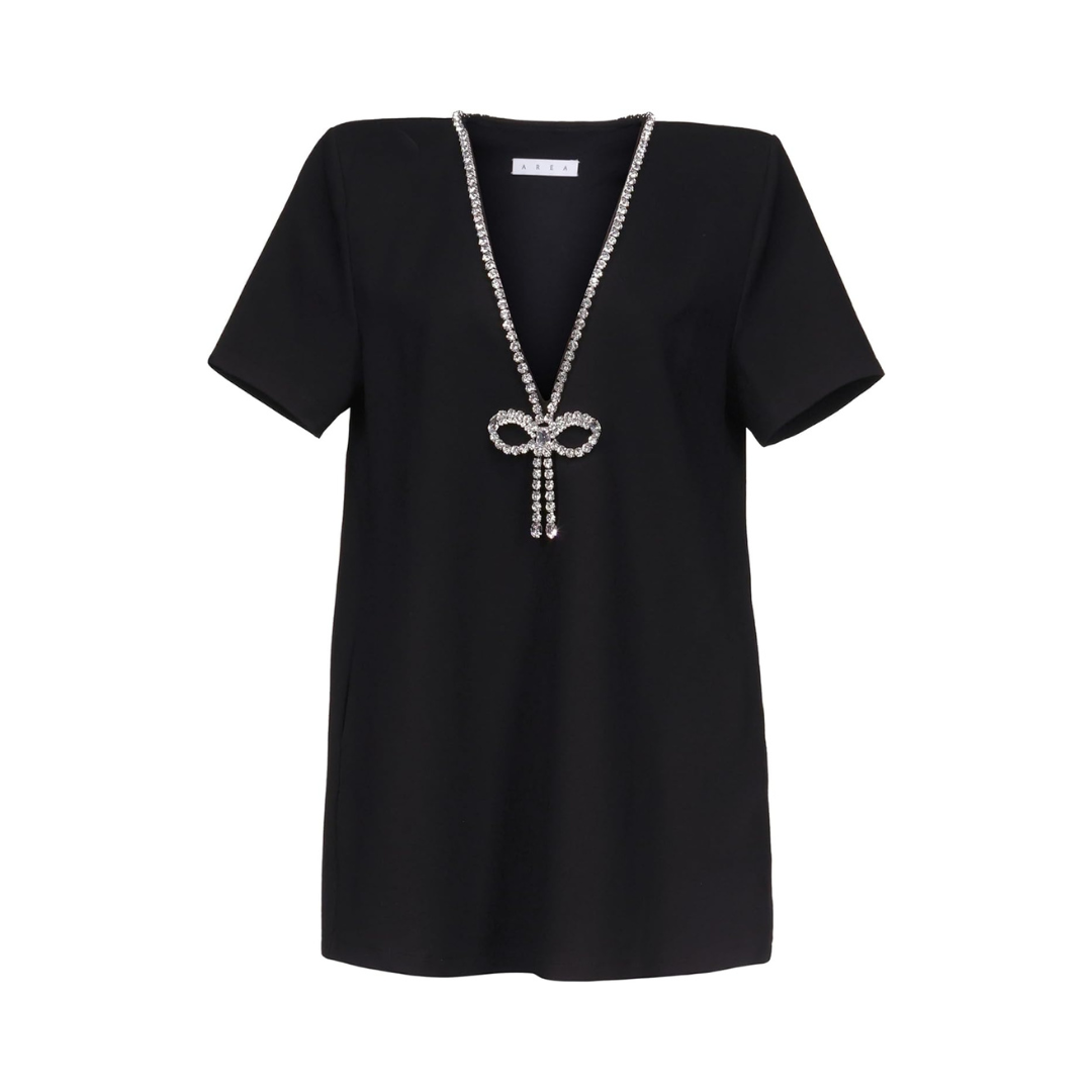 AREA NYC Crystal Bow V-Neck T-Shirt Dress