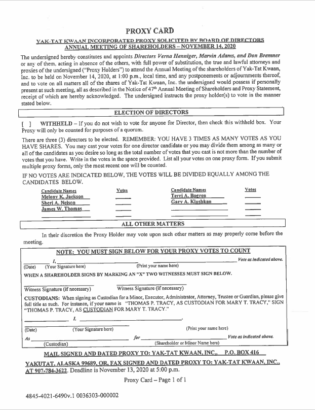 Proxy for 47th Annual Meeting to be held on January 30, 2021 — YakTat