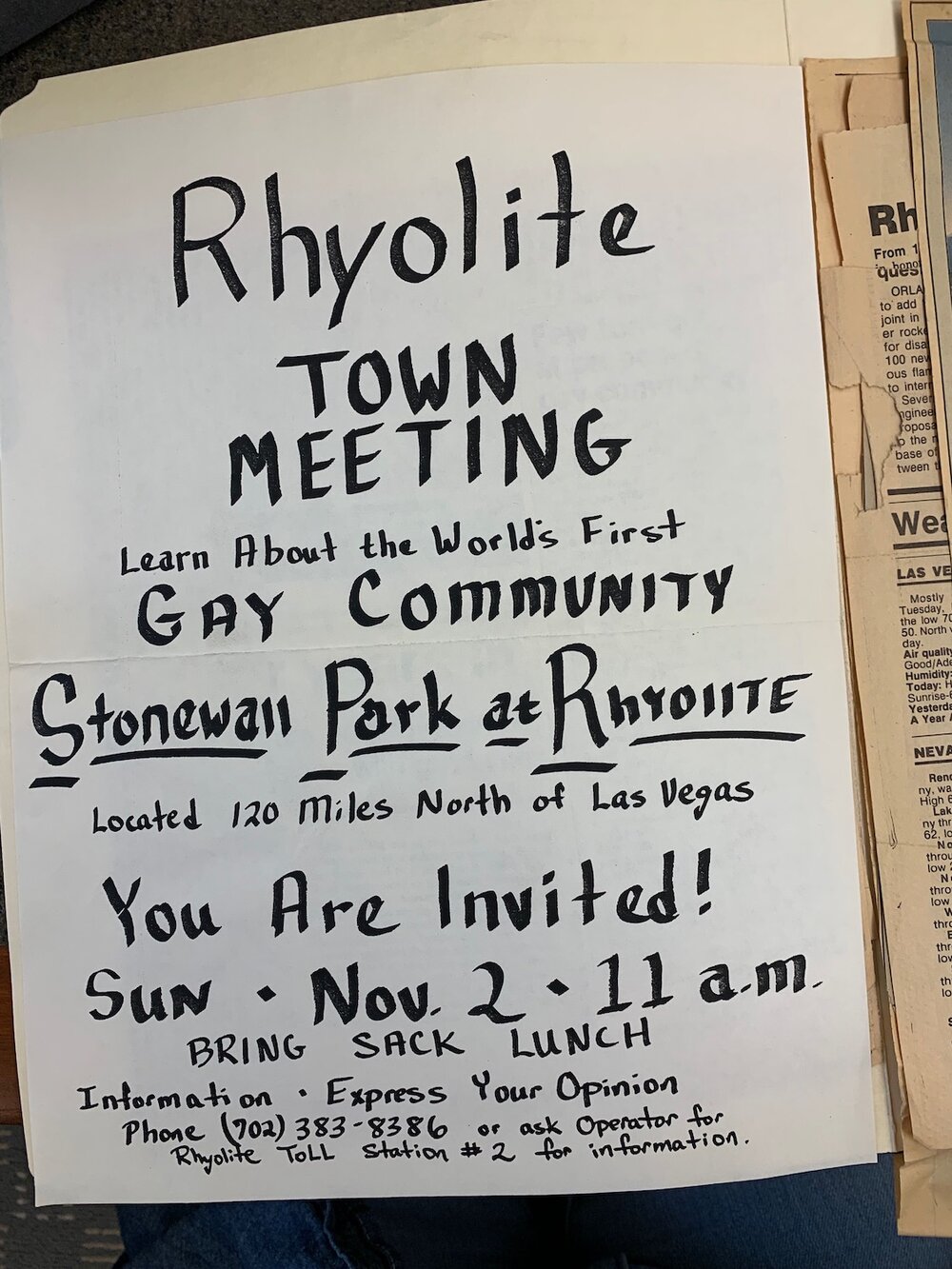  “Rhyolite Town Meeting,” 1986,  Fred Schoonmaker Papers , 1990-15, Courtesy of GLBT Historical Society, San Francisco, CA. 