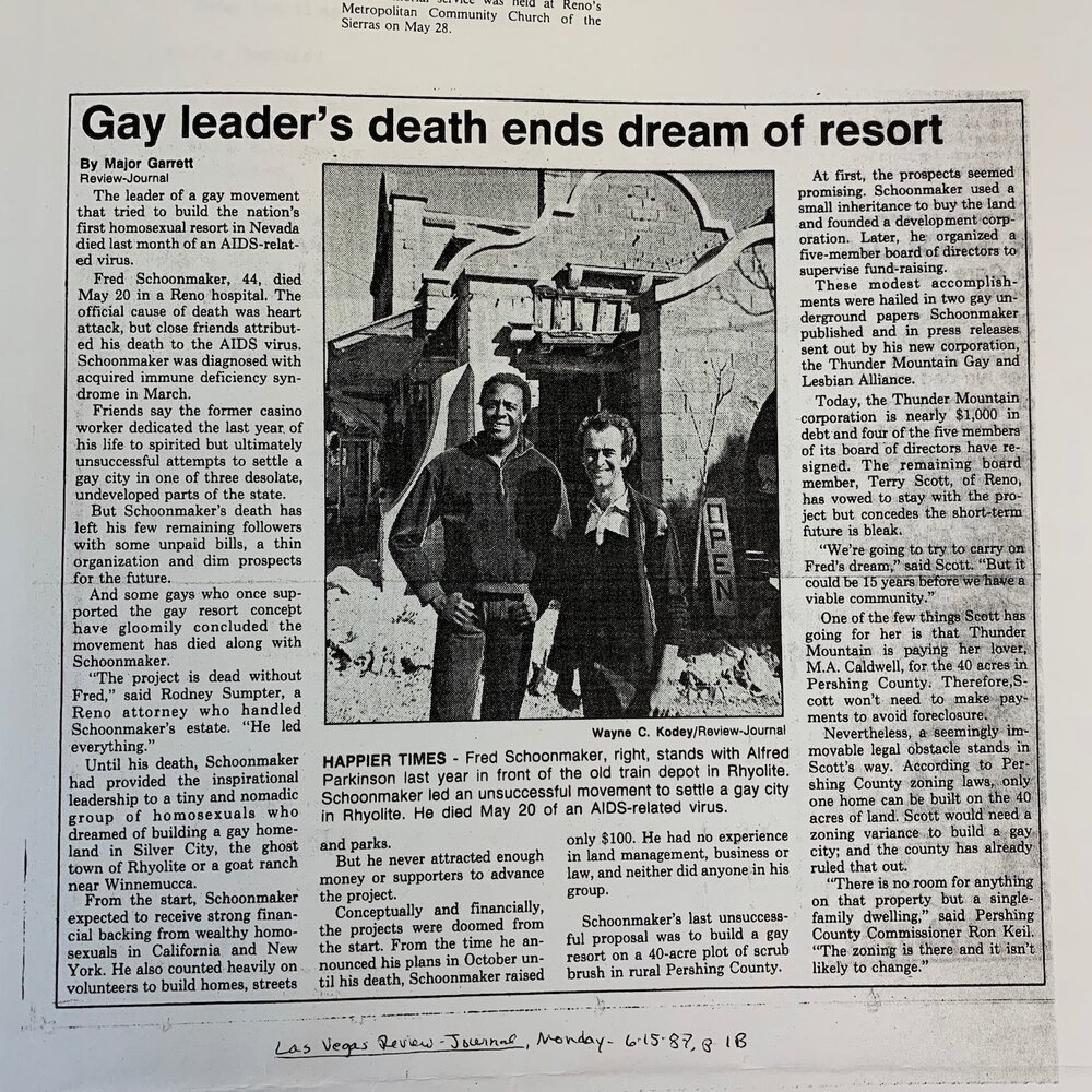 “Gay leader’s death ends dream of resort,” Las Vegas Review-Journal, 6/15/1987, Courtesy of  Stonewall Park Collection , UNLV Lied Libraries Special Collections and Archives, Las Vegas, NV. 