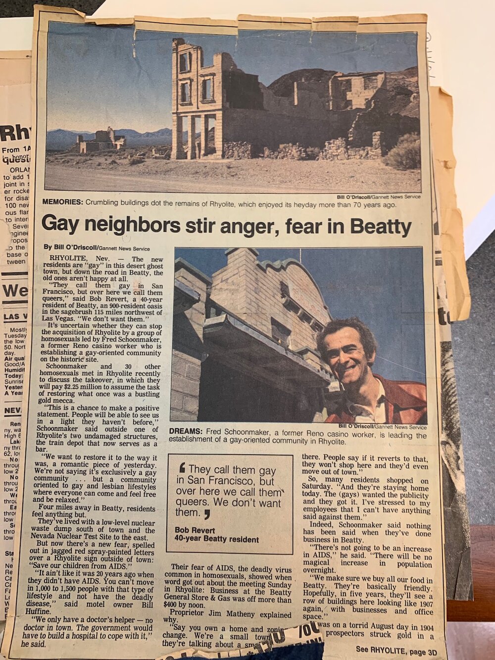  “Gay neighbors stir anger, fear in Beatty,” Reno Gazette-Journal, 11/09/1986, Courtesy of  Stonewall Park Collection , UNLV Lied Libraries Special Collections and Archives, Las Vegas, NV. 