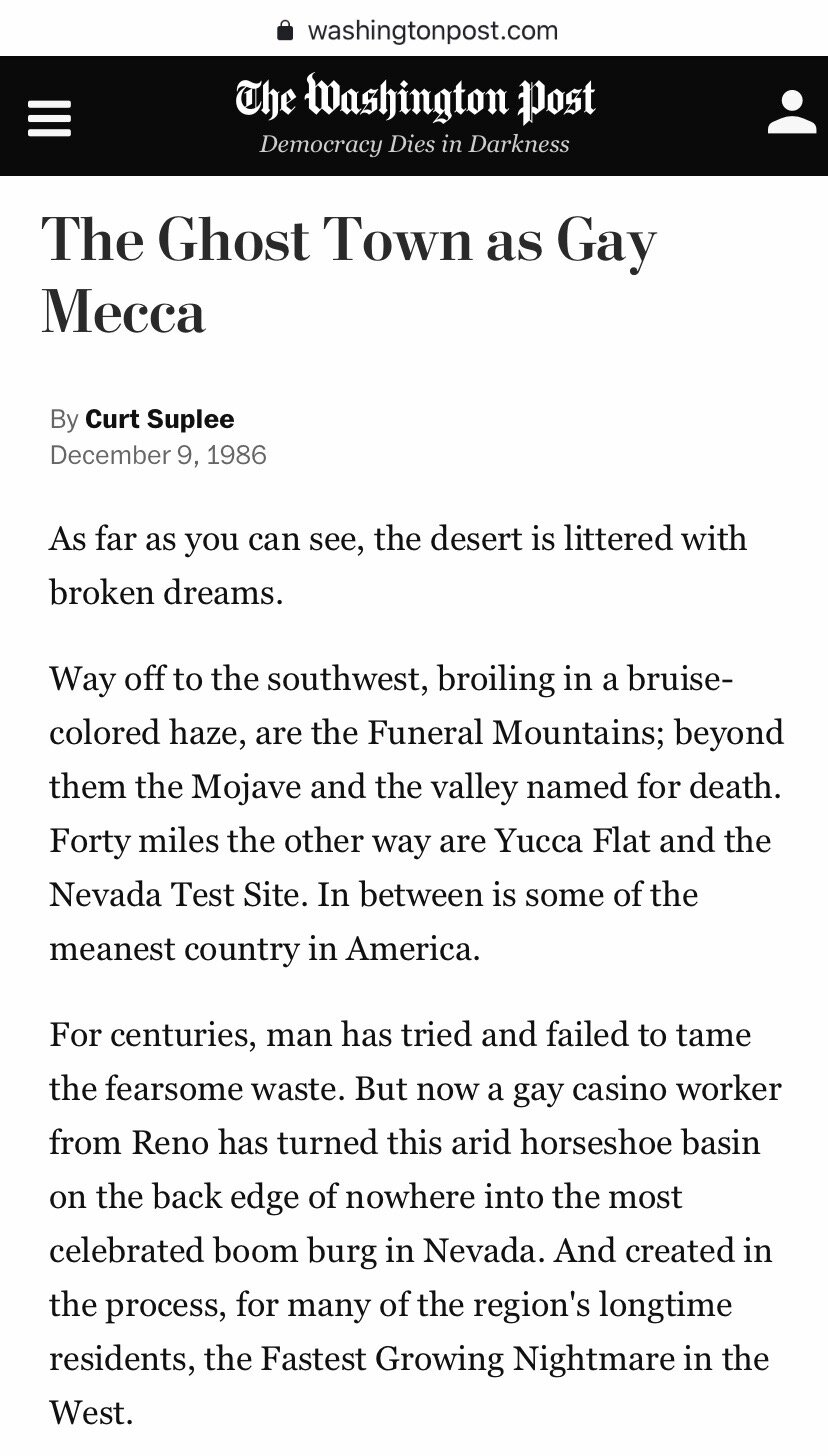  “The Ghost Town as Gay Mecca,” The Washington Post, 12/09/1986. Screenshot from early research. 