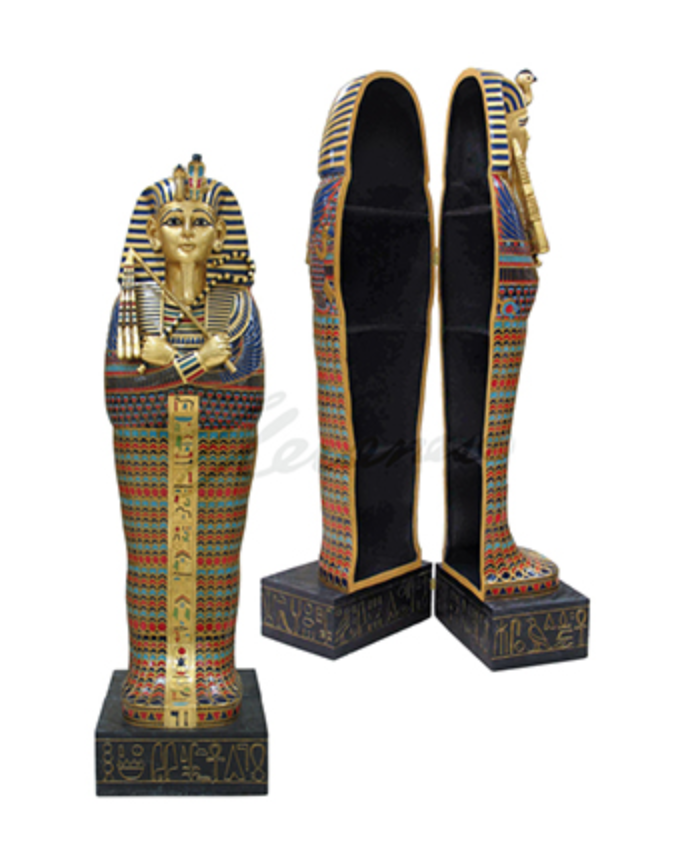 Tutankhamen Sarcophagus Cabinet With Hinge Door, Shelves and Wheels 