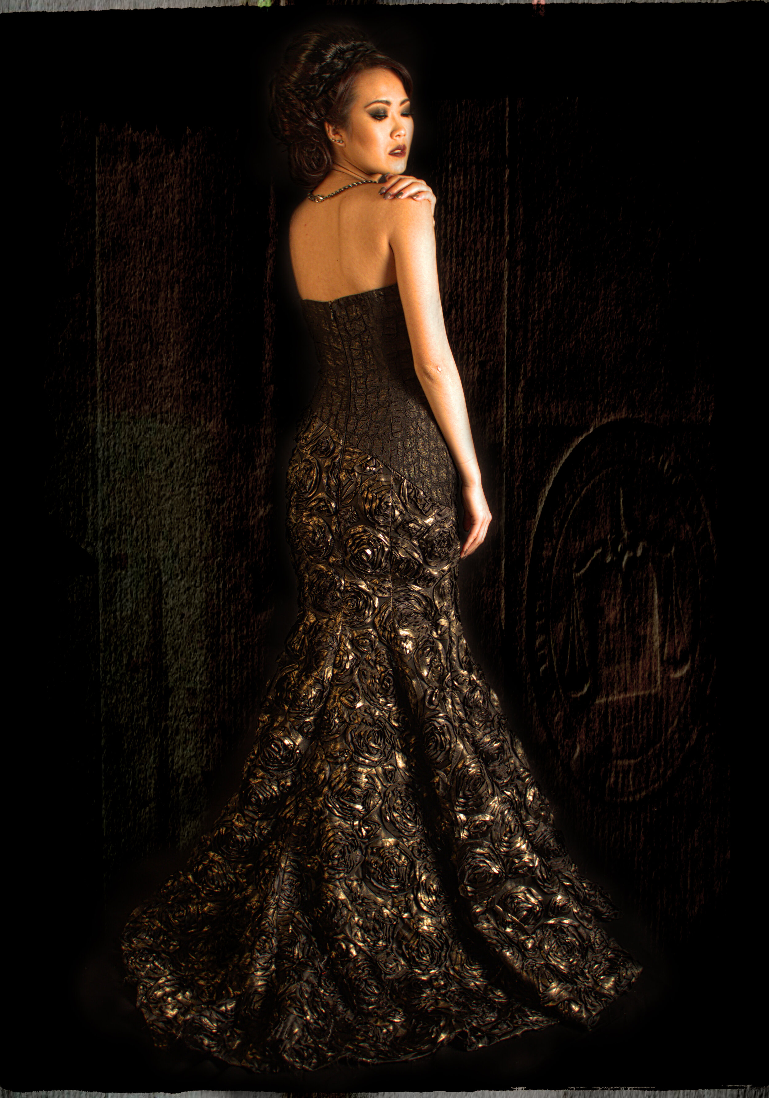 Bespoke couture sleeveless trumpet evening dress made of 3d rosetta fabric designed by Alis Fashion Design.jpg