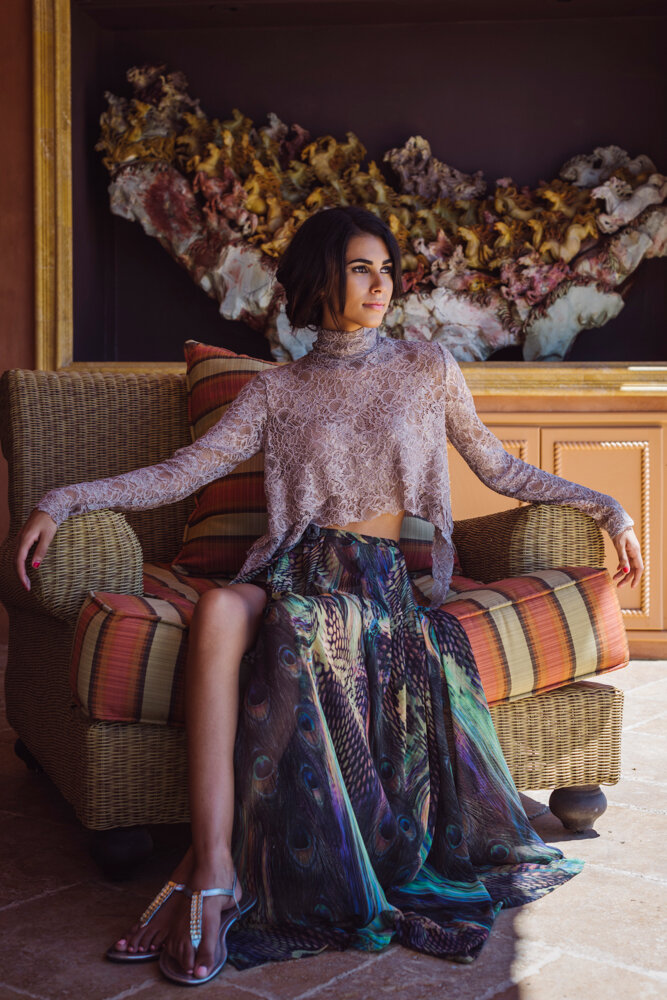 Bespoke high neck long sleeve blush pink lace top pleated chiffon peacock print maxi skirt with slit designed by Alis Fashion Design photographed by Brad Olson.jpg