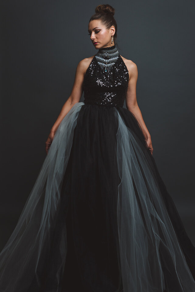 Bespoke ball gown made of black and white tulle skirt and sequin sleeveless top designed by Lana Gerimovich photographed by Brad Olson.jpg