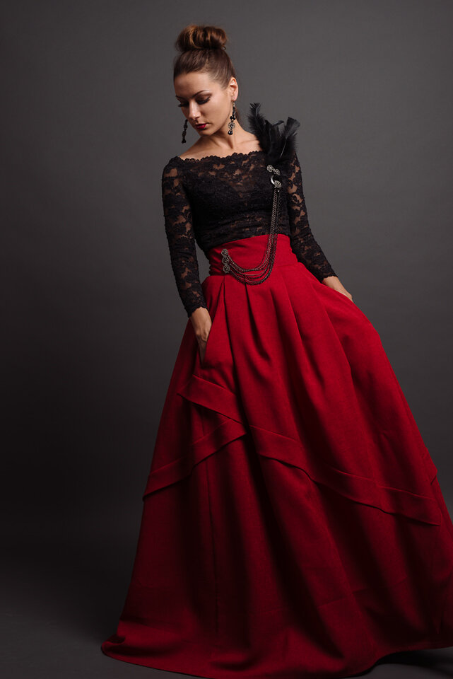 Custom designed off shoulder black lace top with red full-length skirt with pockets by Lana Gerimovich photographed by Brad Olson.jpg