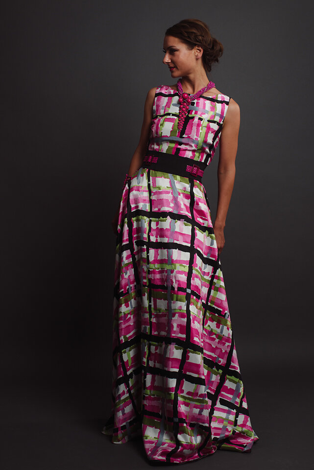Custom designed vintage inspired plaid maxi dress with belt by Alis Fashion Design photographed by Brad Olson.jpg