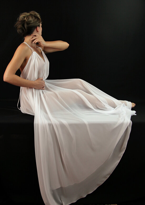 Alis Fashion Design one of a kind Mark Shaw Inspired white organza long see-through dress with spaghetti straps.jpg