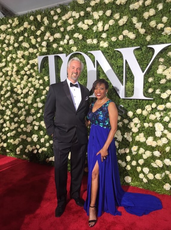 Colleen Jennings-Roggensack from ASU Gammage at Tony Awards 2017 wearing Alis Fashion Design one of a kind couture blue evening gown with sequins.jpg