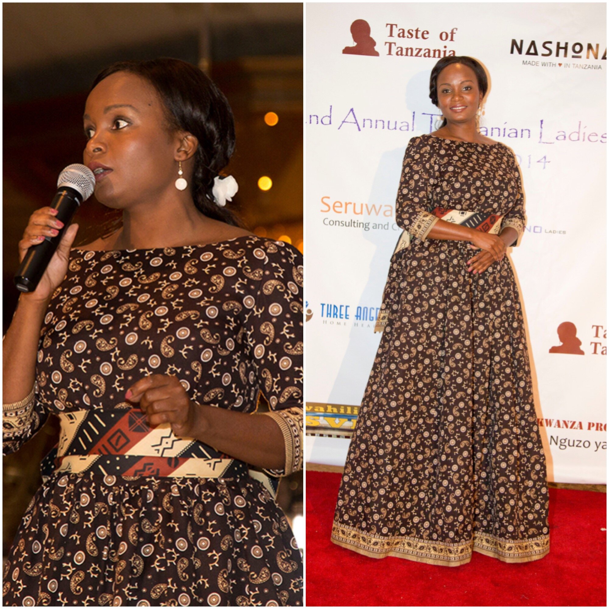 Miriam Kinunda author of Taste of Tanzania wearing one ofa kind African ethnic evening dress designed by Alis Fashion Design at Tanzanian Ladies Night.JPG