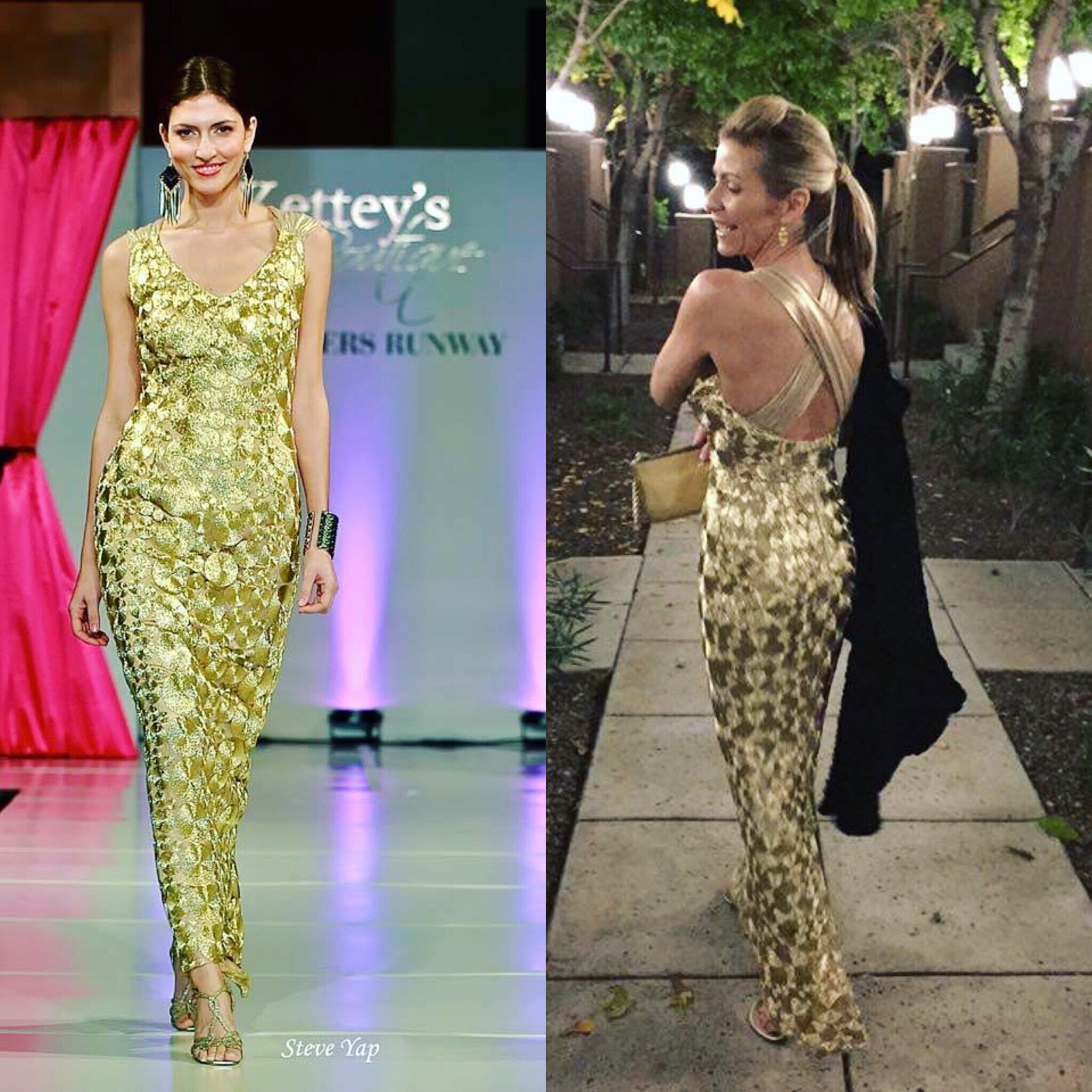 One of a kind gold couture evening maxi dress crisscrossed back featured in runway desinged by Alis Fashion Design for holidays.JPG