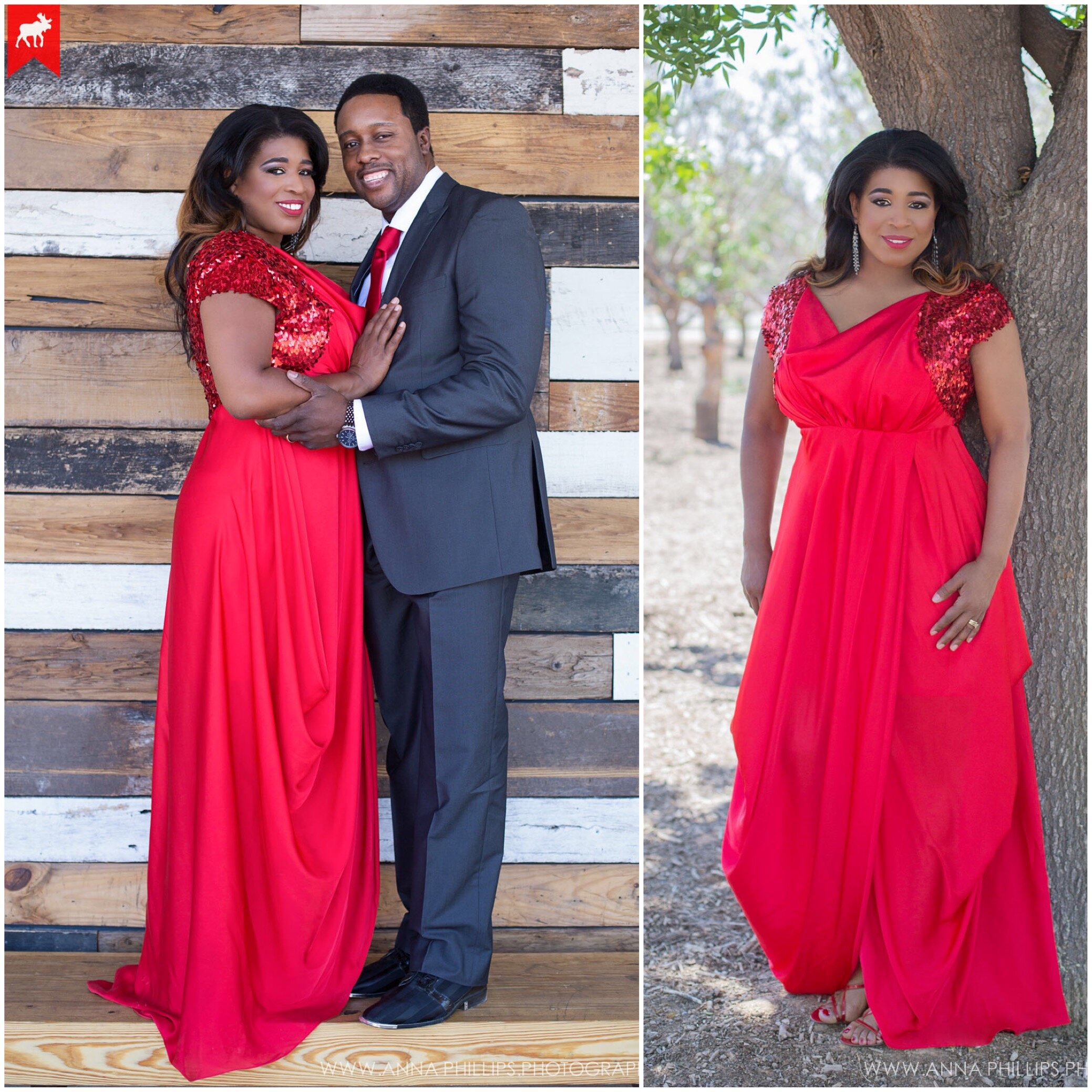 Red satin maxi front draped evening dress with red sequin cap sleeves for Valentines Day husband and wife photo shoot.JPG