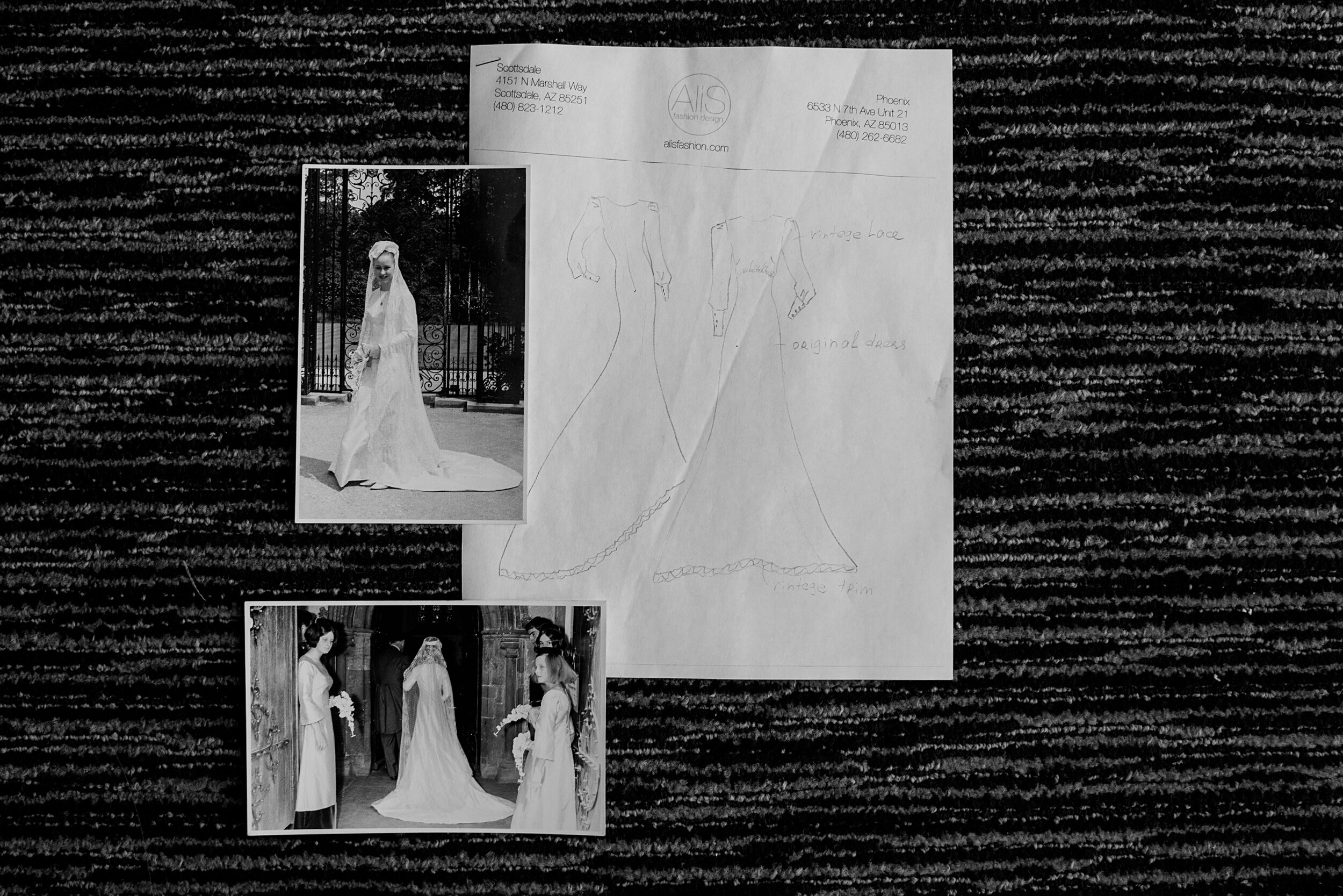 Grandmothers custom wedding dress black and white vintage images and Alis Fashion Design design sketch for redesign by Lana Gerimovich.jpg