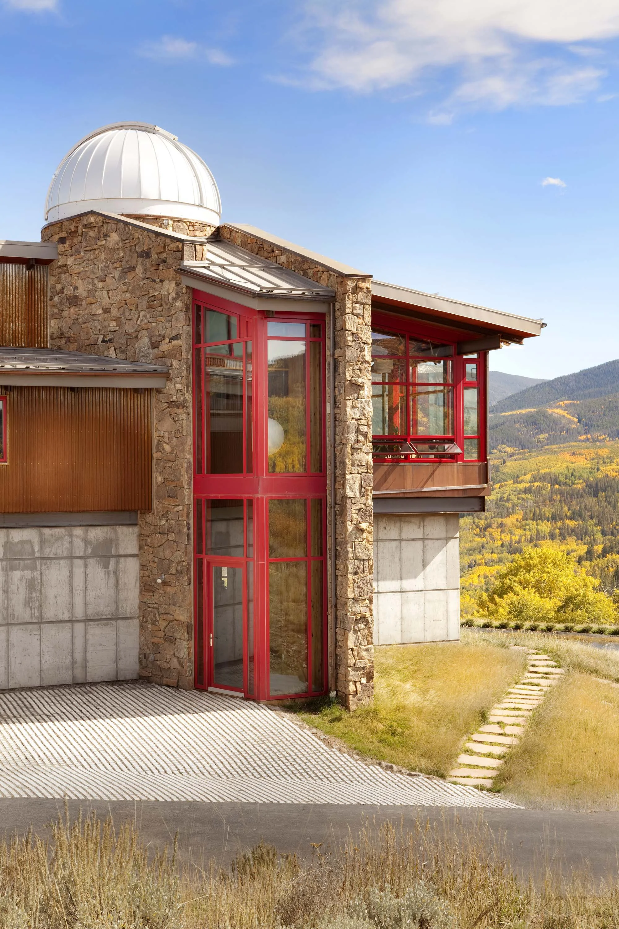 House exterior with mountain views and walkway