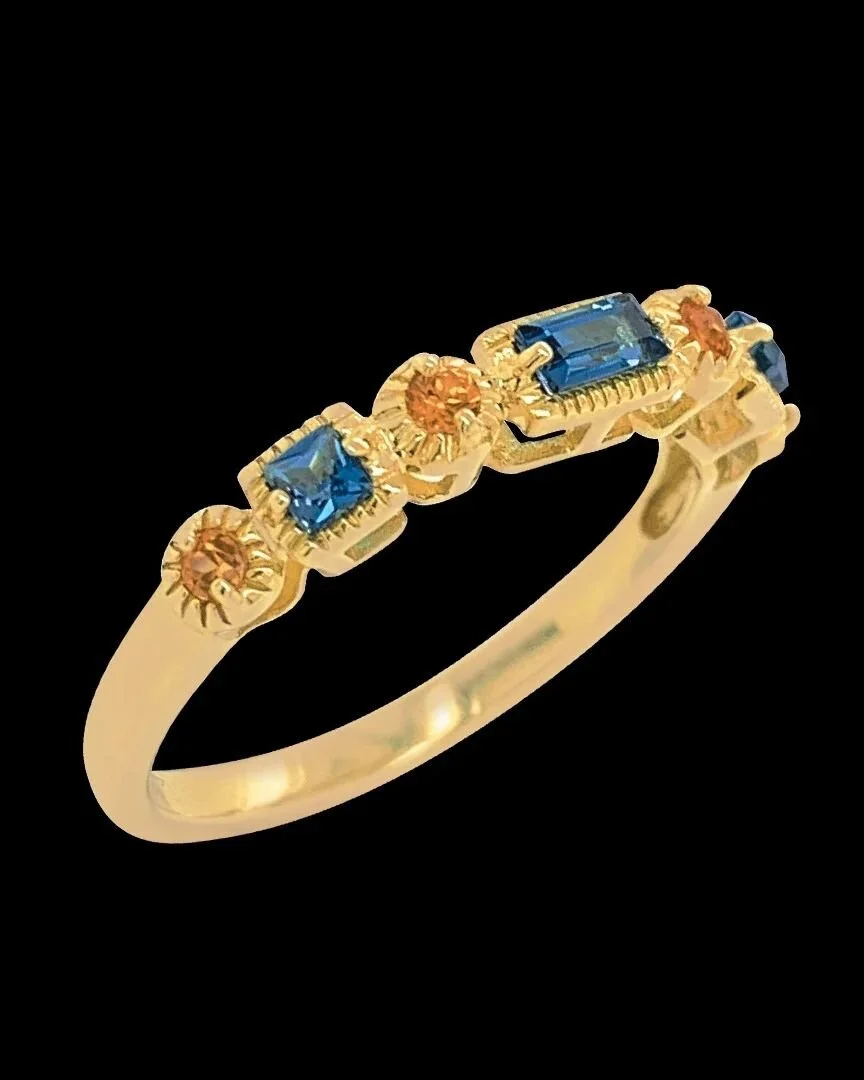 Elegant vintage style London Blue Topaz and Orange Sapphire Yellow Gold Ring
#Niquejewellery #stackerrings #Sapphires #topaz #sydneyjeweller