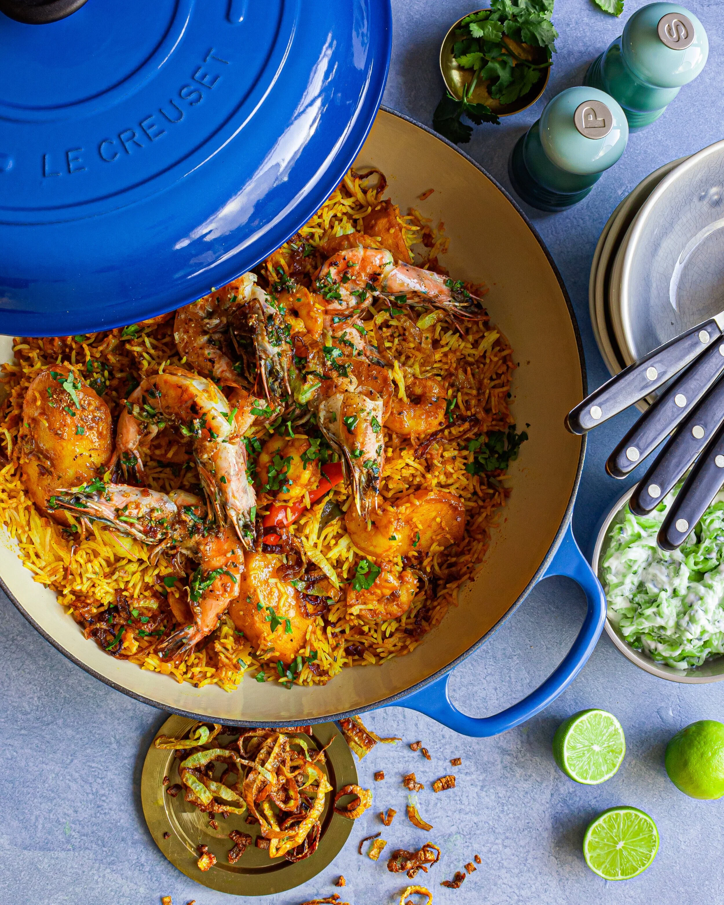 Le Creuset Prawn Biryani with Lime &amp; Crispy Onions