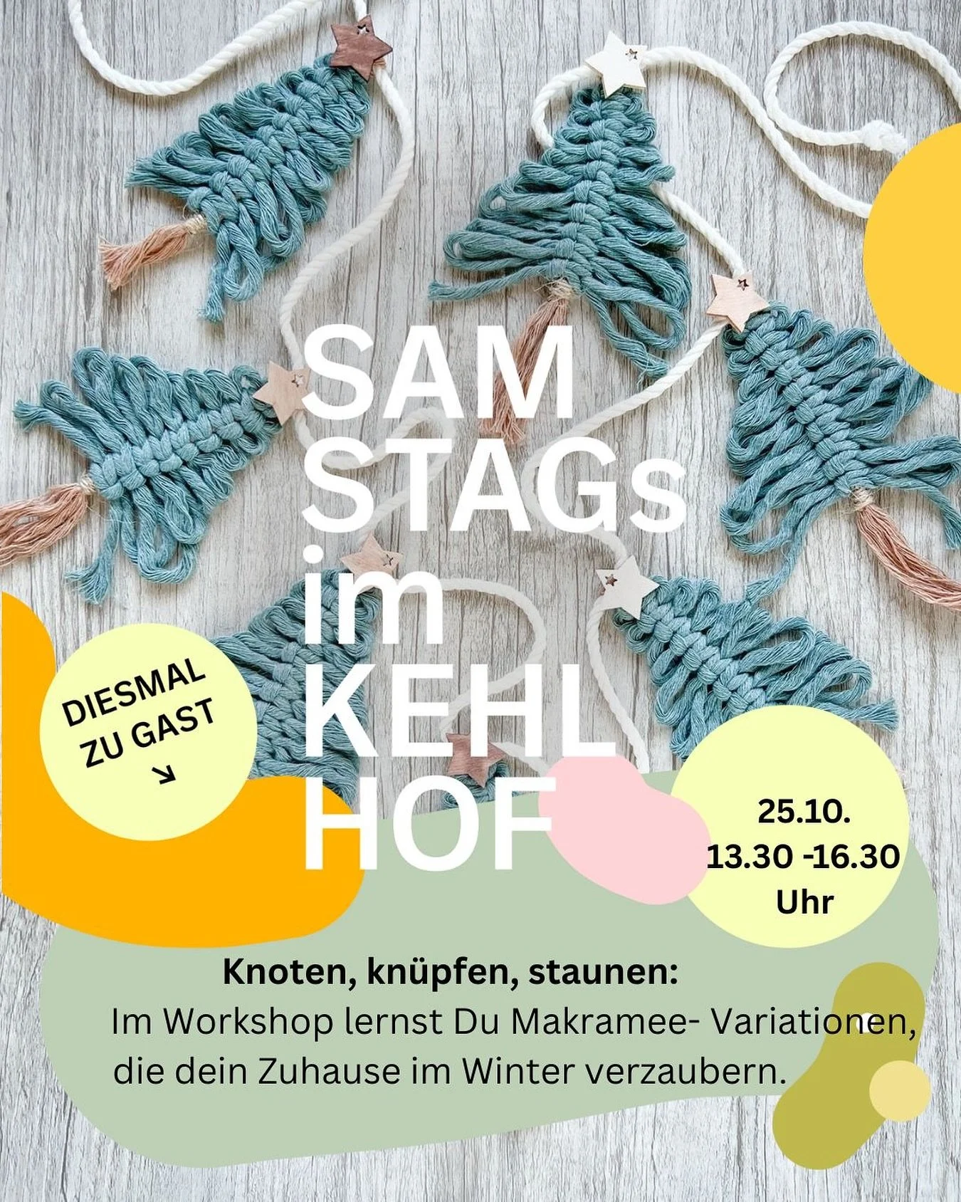 Makram&eacute;e-Samstag im Kehlhof 
Am kommenden Samstag, 14:30 - 16:30 Uhr, wird gekn&uuml;pft, gelacht und kreativ gewerkelt!

Ob Windlichter, B&auml;umli-Girlanden oder weihnachtliche Anh&auml;nger &ndash; du lernst einfache Makram&eacute;e-Techni