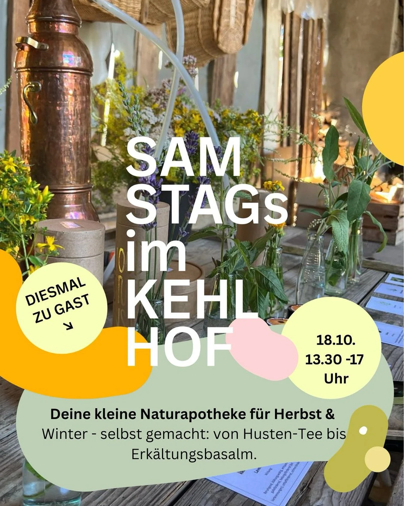 Kr&auml;uterwissen f&uuml;r die kalte Jahreszeit &ndash; die gr&uuml;ne Naturapotheke im Kehlhof

Am Samstag, 18. Oktober von 13:30&ndash;17:00 Uhr dreht sich bei uns alles um nat&uuml;rliche Hausmittel, Heilpflanzen und die Kraft der Kr&auml;uter. 
