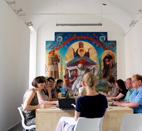  The Lilly Foundation Summer Seminar for College Teachers discussing how to cross the divide between art departments and theology-Bible departments, with the Madonna della Misericordia painting accomplished by Bruce Herman and Matthew Milliner and th