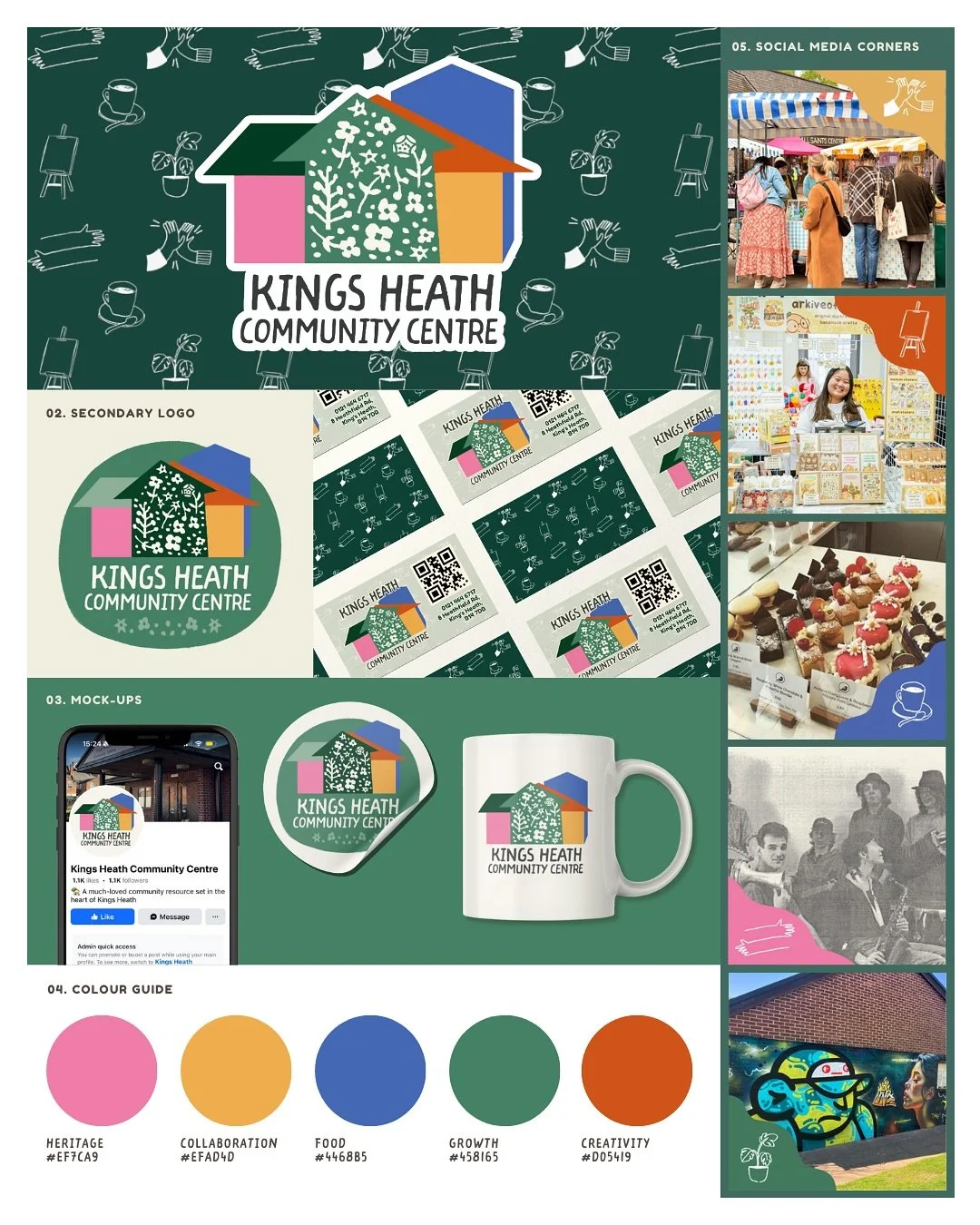 my very first BRANDING PACK designed &amp; illustrated by me! ✏️✨💚🌟🥳 such a joy to spend some time earlier this year putting together a re-brand for @kingsheathcommunitycentre 🫆📣🌷 

i was given the opportunity by one of King Heath&rsquo;s counc