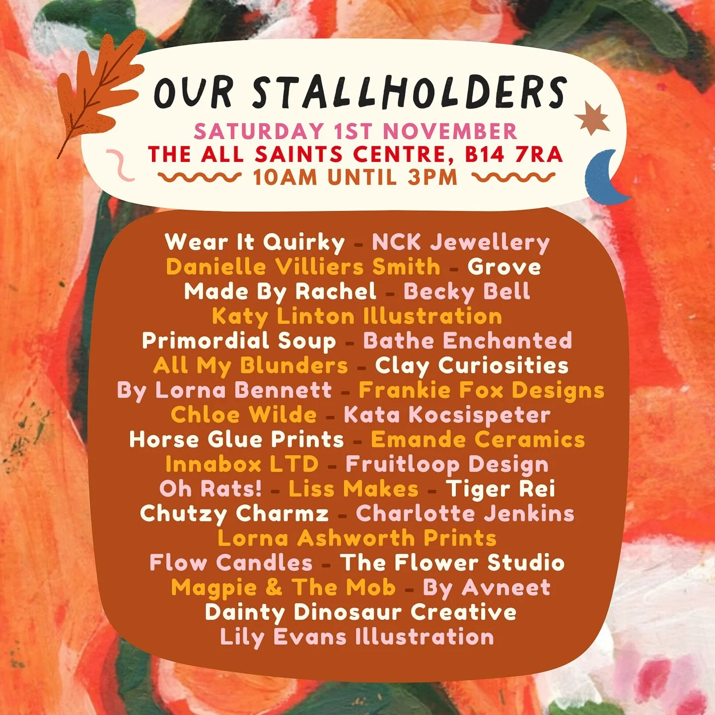 KINGS HEATH, WE ARE BACK TOMORROW!!!!! Happy Halloween ~ it&rsquo;s all treats, and no tricks here at BLUE MOON. And to prove it, we have an absolutely incredible line-up of traders for you to visit and shop small from, pictured above! 👻🎃✨🌟🕺🛍️

