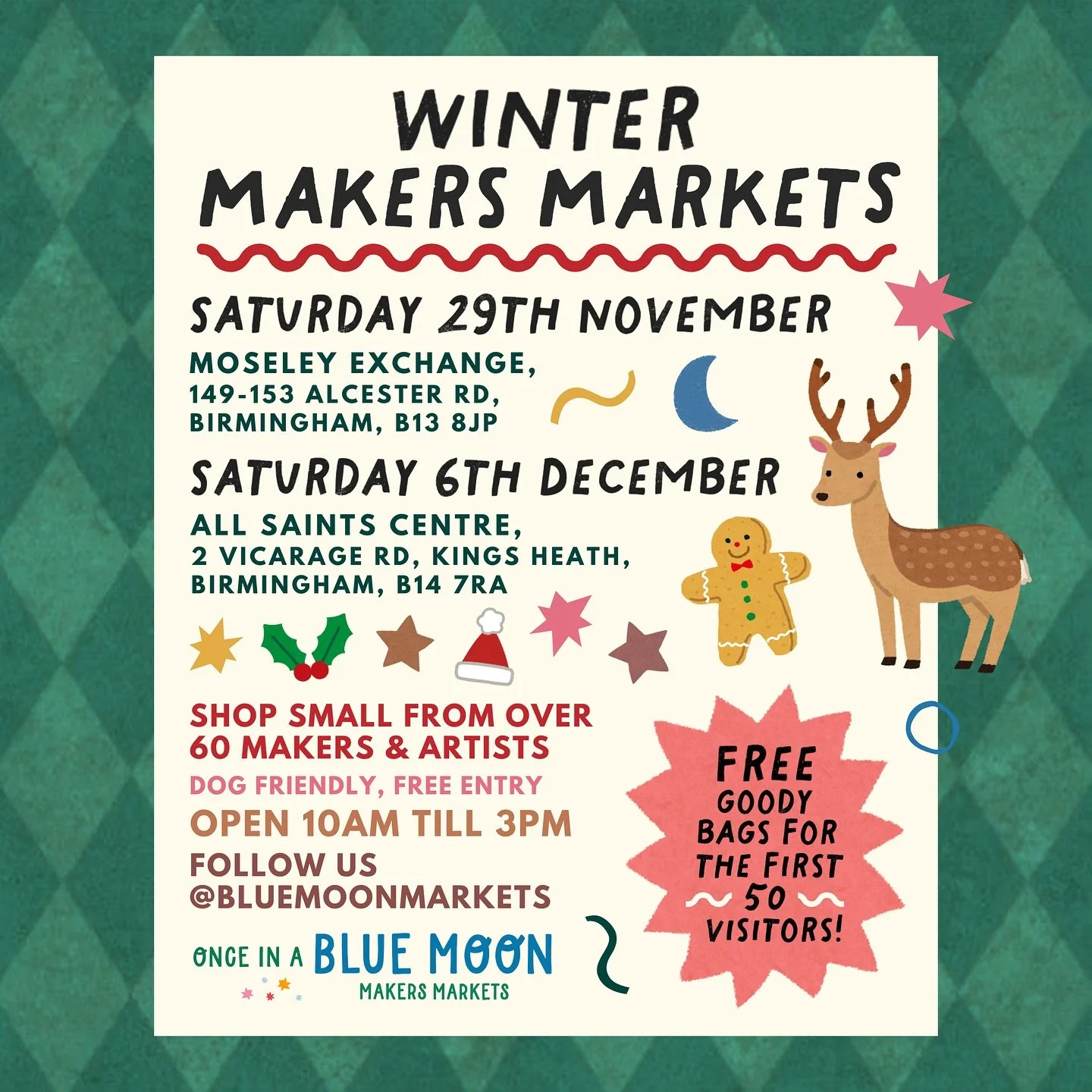 BLUE MOON MARKETS ARE BACK FOR WINTER ☃️🧣🧦❄️🎁📣🌟✨ Get your diary &amp; pop our next dates in! 🏃

After a wonderful Autumn season, we wanted to bring you all of the festive, gifting vibes at #BLUEMOON with not one, not two, but 3️⃣ markets ~ and 