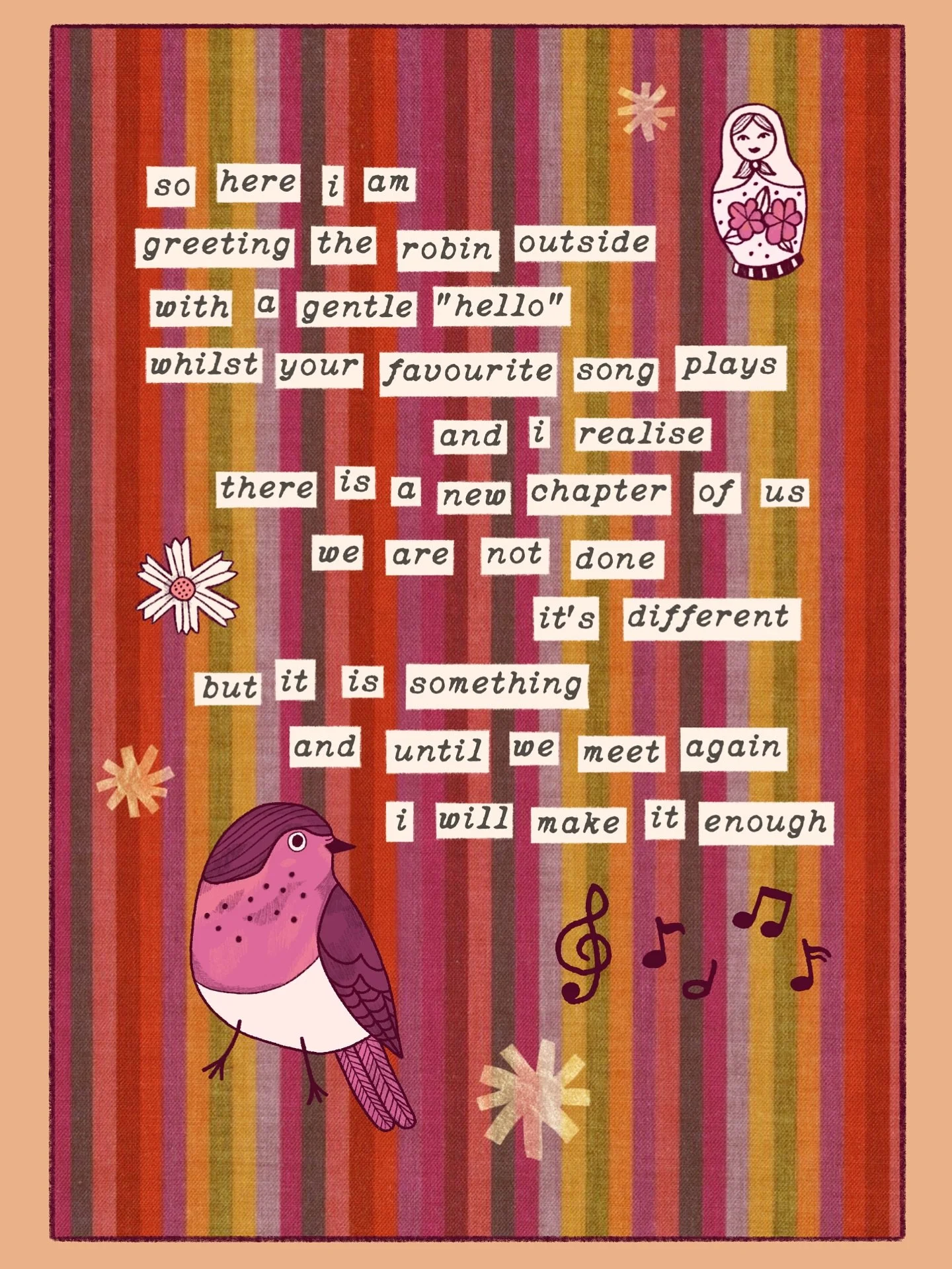 my newest illustration centred around grief !!!! it&rsquo;s becoming quite a little collection now. 🐦🌱☃️🧦🪆🎁 this one came about as although christmas is my favourite time of year , it&rsquo;s bittersweet this year as it is the first without both