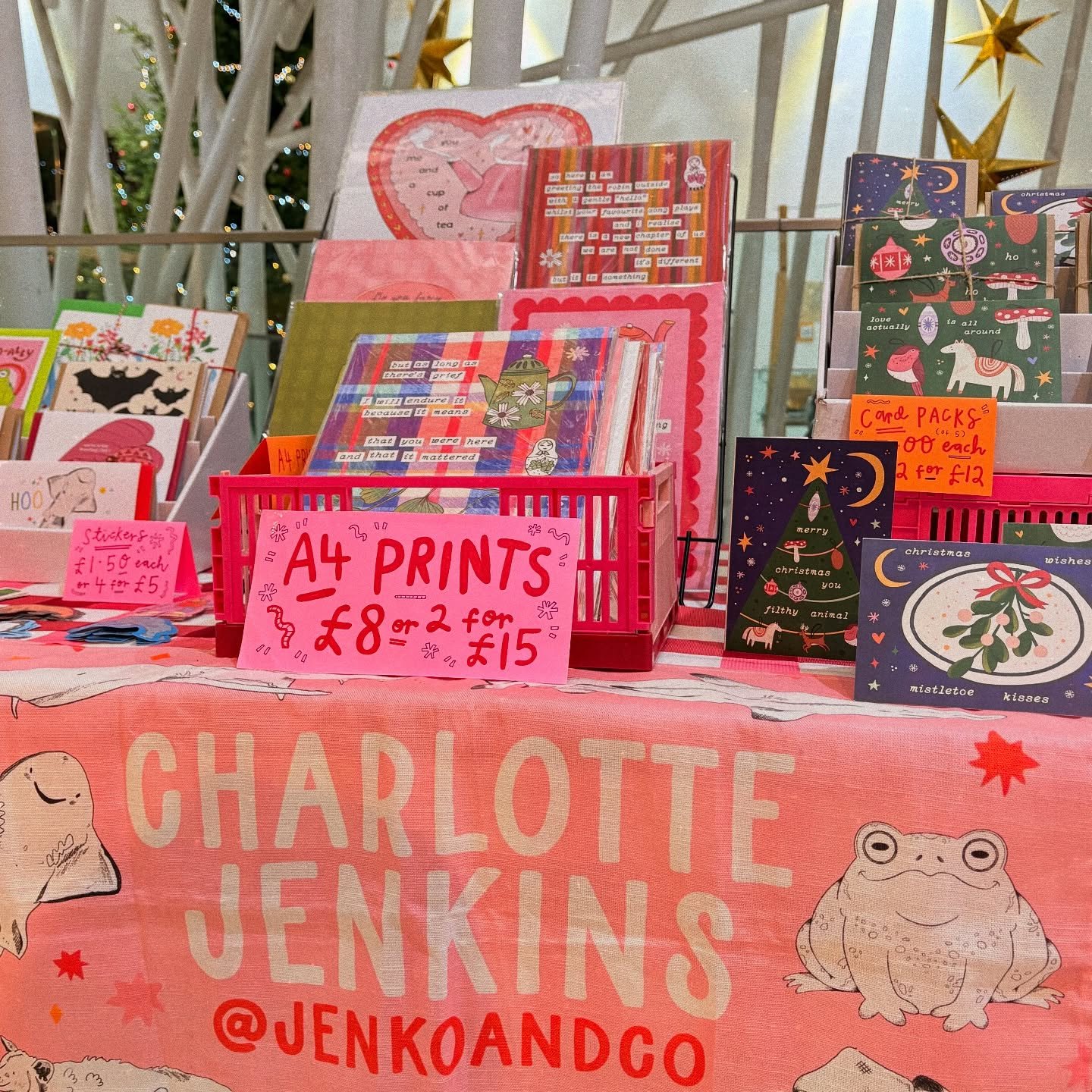 happy saturday! ❄️☃️🧦🌨️ i&rsquo;m at @zellig today for their &lsquo;Everything Digbeth Christmas Market&rsquo; and i&rsquo;m very happy to be here!!!! i&rsquo;ve got new prints, and christmas cards 🫧🥰📣 and it&rsquo;s a lovely festive vibes with 