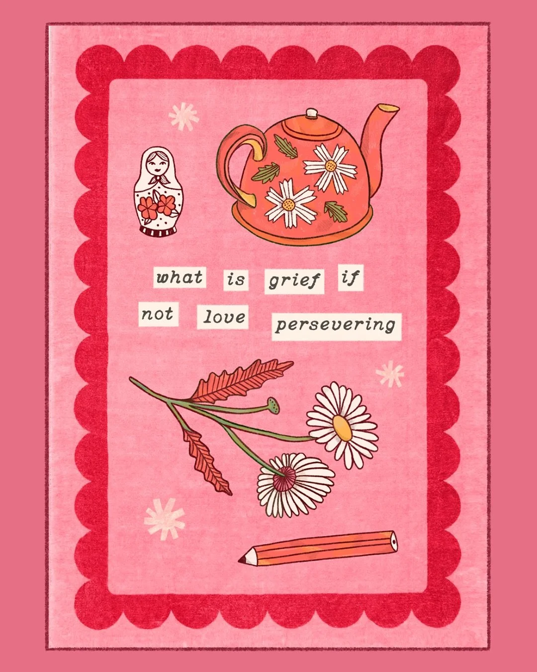 another of my newest illustrations centred around grief ☕️🌱🐇🍃🪆🧡 every day feels different during my grief - but some things stay the same. i see my parents in so many things. of course, i think of them when i close my eyes &amp; try to sleep, an