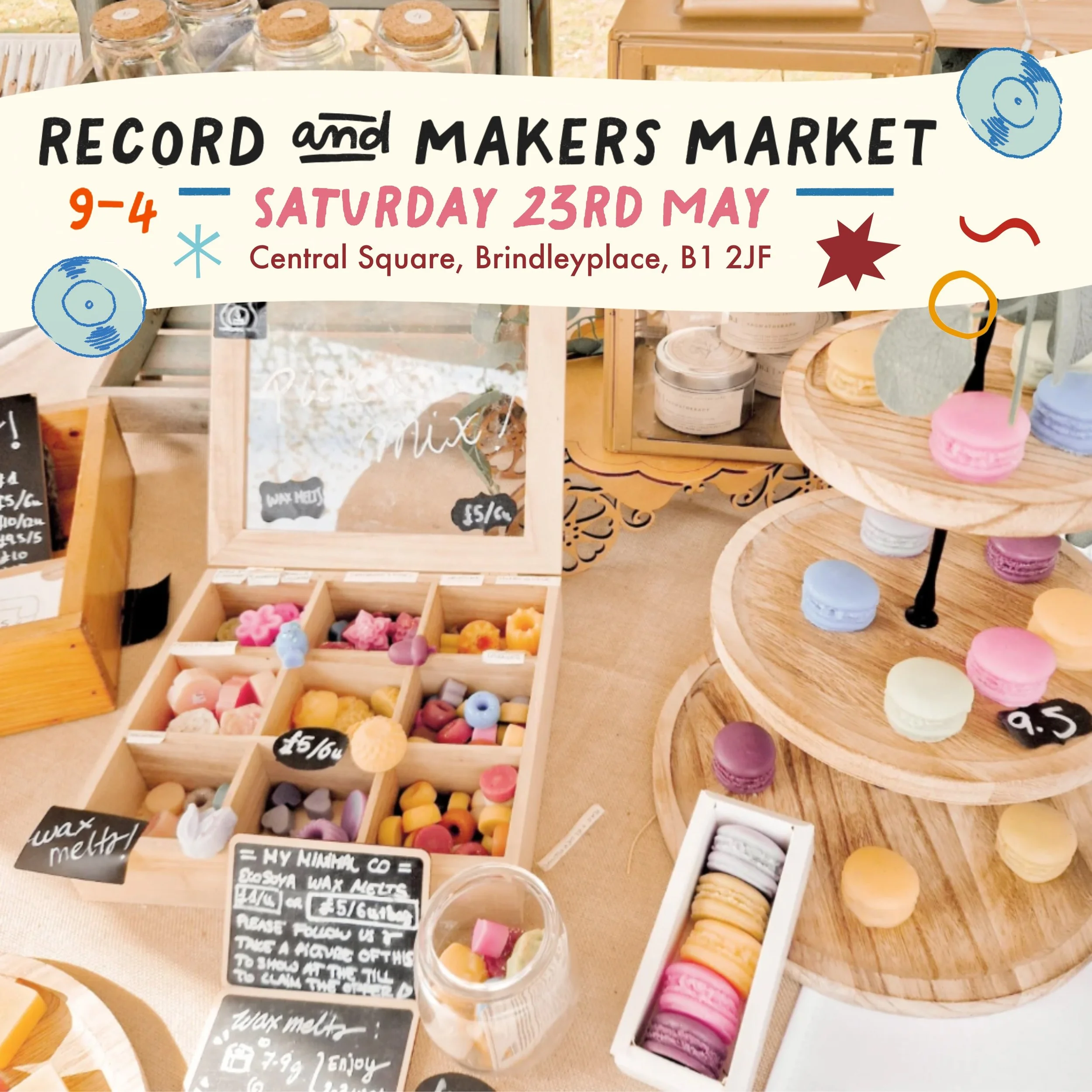 🚨 TOMORROW! 🚨🌷🌸⭐️🪄 Find BLUE MOON Markets for the first Record &amp; Makers Market, on Saturday 23rd May in the wonderful Brindleyplace! Our market is outdoors in the glorious Central Square. It&rsquo;s free-to-enter, dog-friendly, fully accessi