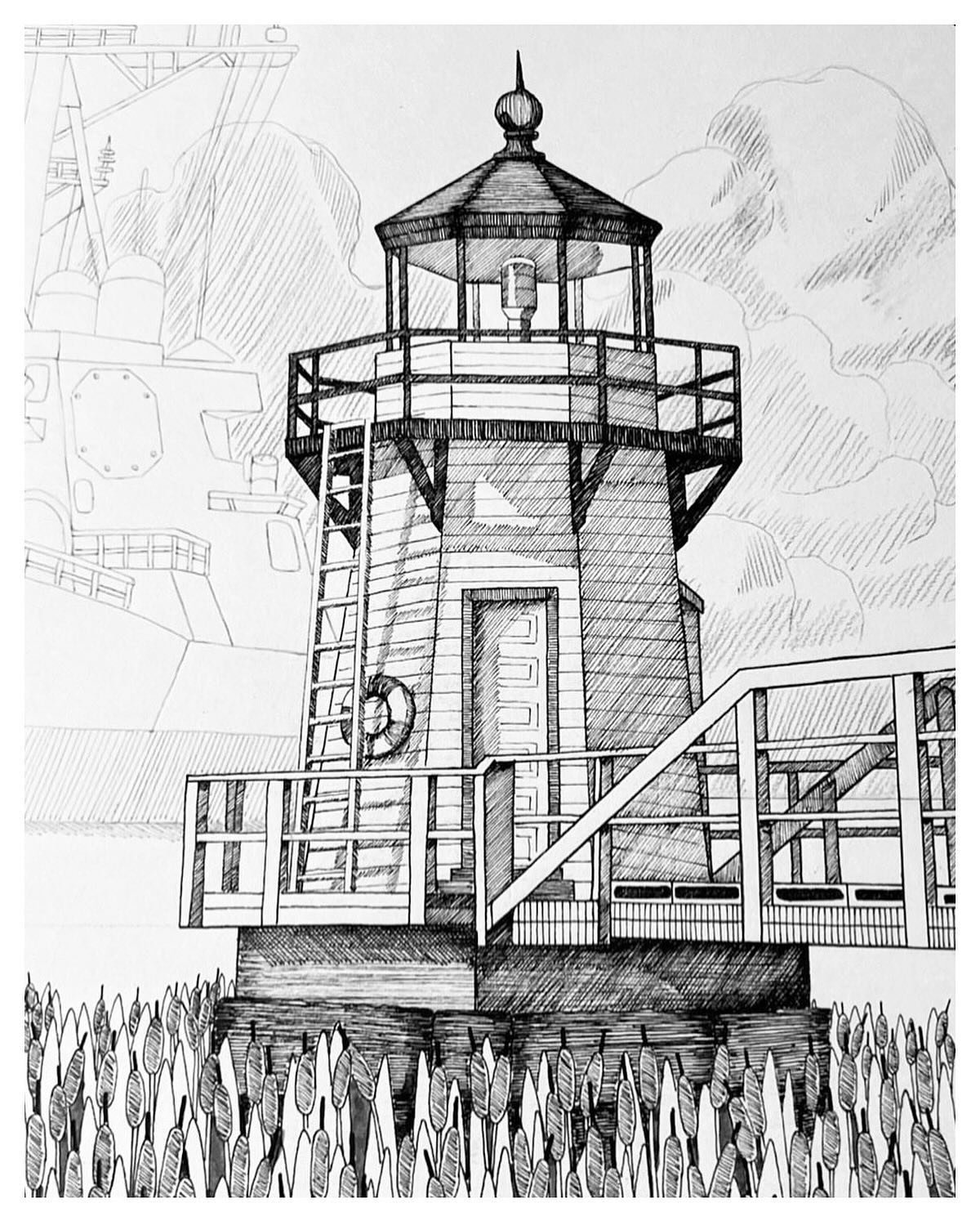 When I say deets I&rsquo;m talking about details and cattails. 
Close up of the Doubling Point Lighthouse drawing.

#tiarasaficmartinart #illustration #illustrationnow #art #artoftheday #artofinstagram #artistsoninstagram #blackwork #blackandwhite #p