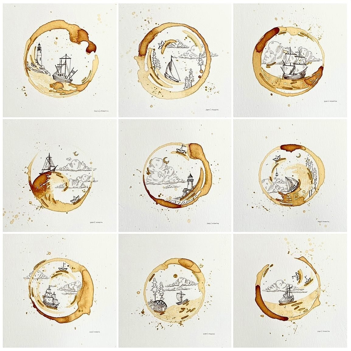 Tea Rings &amp; Daydreams.
Nine dreamy little pieces each measuring 6x6in created with tea and pen work.

Pleased to say that this piece won 3rd place in the Art of Tea Exhibit at Del Ray Artisans Gallery.

#tiarasaficmartinart #teaart #tearing #arto