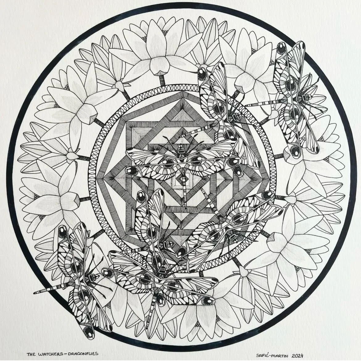 The Watchers-Dragonflies 
Spring is in full bloom, which also means the bugs are coming soon.

#tiarasaficmartinart #illustration #mandalaartwork #penwork #bugart