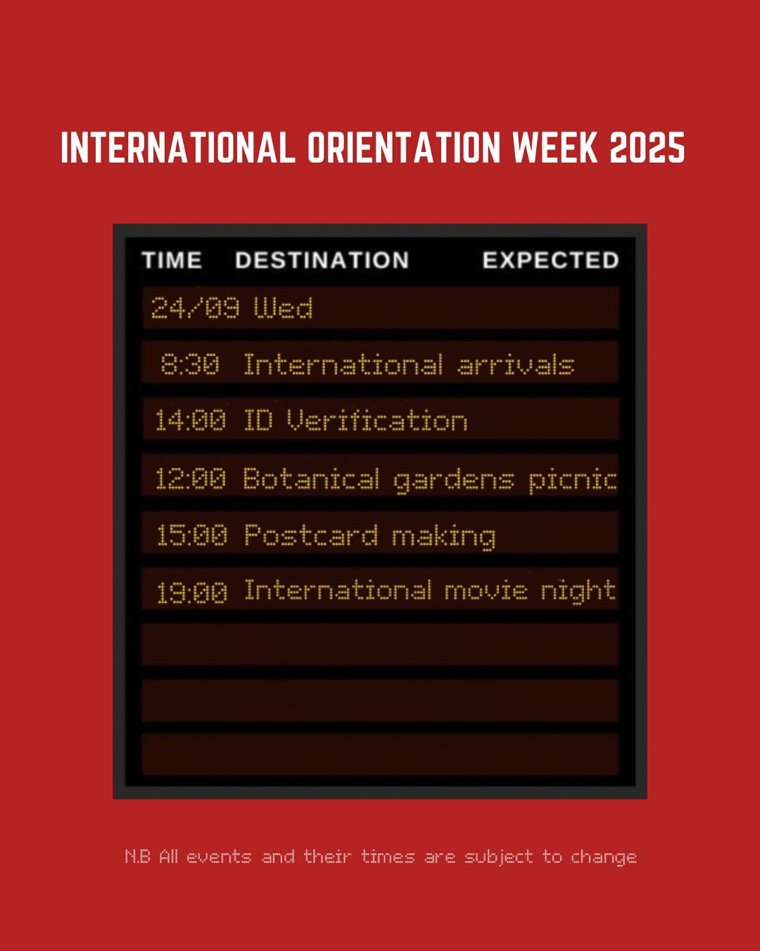 Hello Freshers! International Orientation Week starts on Wednesday and we are so excited to welcome our international students. Here are a few events we will have on during that week before Freshers Week officially starts 🌟❤️