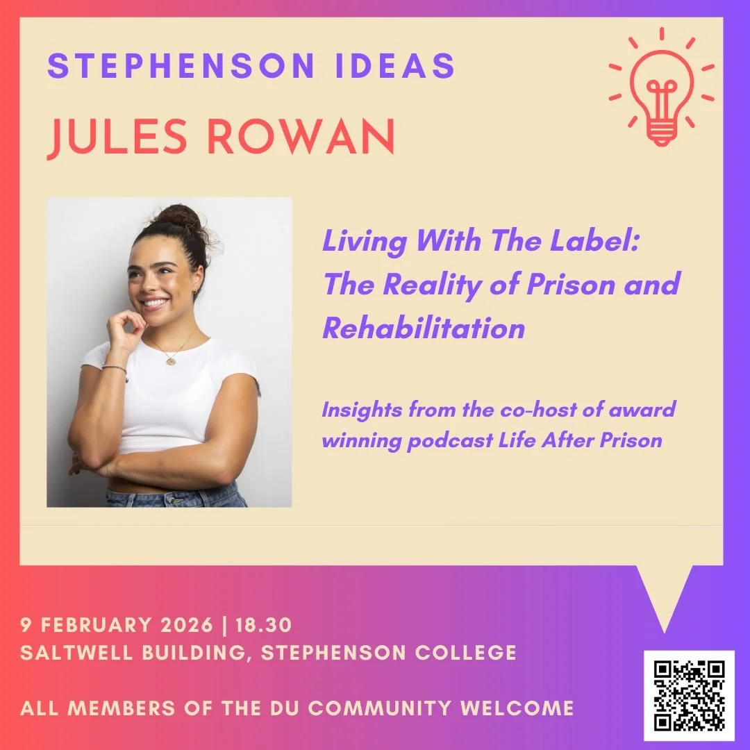 Join us for our rescheduled Stephenson Ideas talk with Jules Rowan on Monday 9 February 2026!
 
Getting out of prison might sound like a reason to celebrate. But for many freedom can be a frightening prospect. Having served a prison sentence for grie
