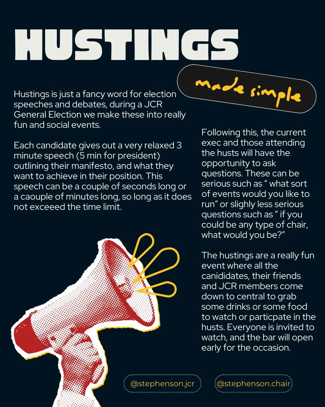 With the hustings tonight (5.30 in the bar👀) here&rsquo;s a brief recap of what the Husts are, and some common phrases you might hear during the elections 

See you there! 

@stephenson_college @stephenson.central @stephenson.president