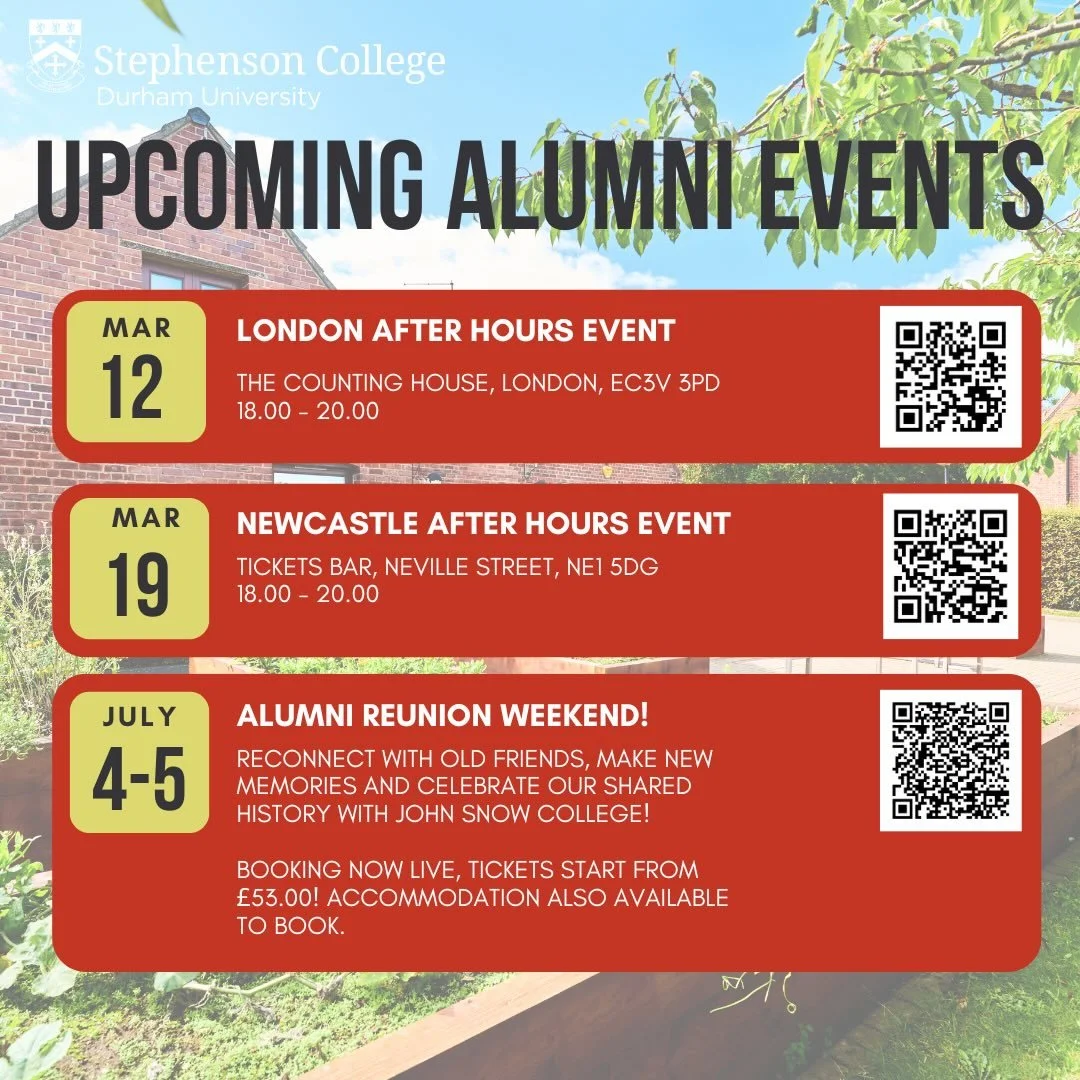 Looking forward to catching up with UK based alumni over the next few weeks! Our London event is this coming Thursday, followed by Newcastle on 19 March. Please sign up via the QR codes or links in our bio. See you there! 

@stephenson.jcr @stephenso
