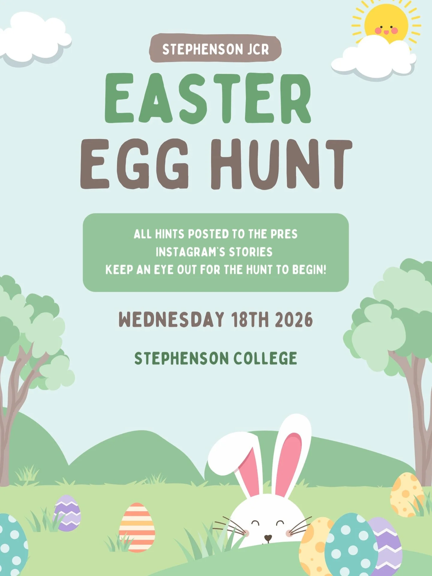 🐇🐥 Annual JCR Easter Egg Hunt 🐥🐇

Join us at college on Wednesday afternoon for our annual Easter egg hunt! 

All hints will be posted on @stephenson.president instagram account , so keep an eye out 👀

******all allergen info available on @steph