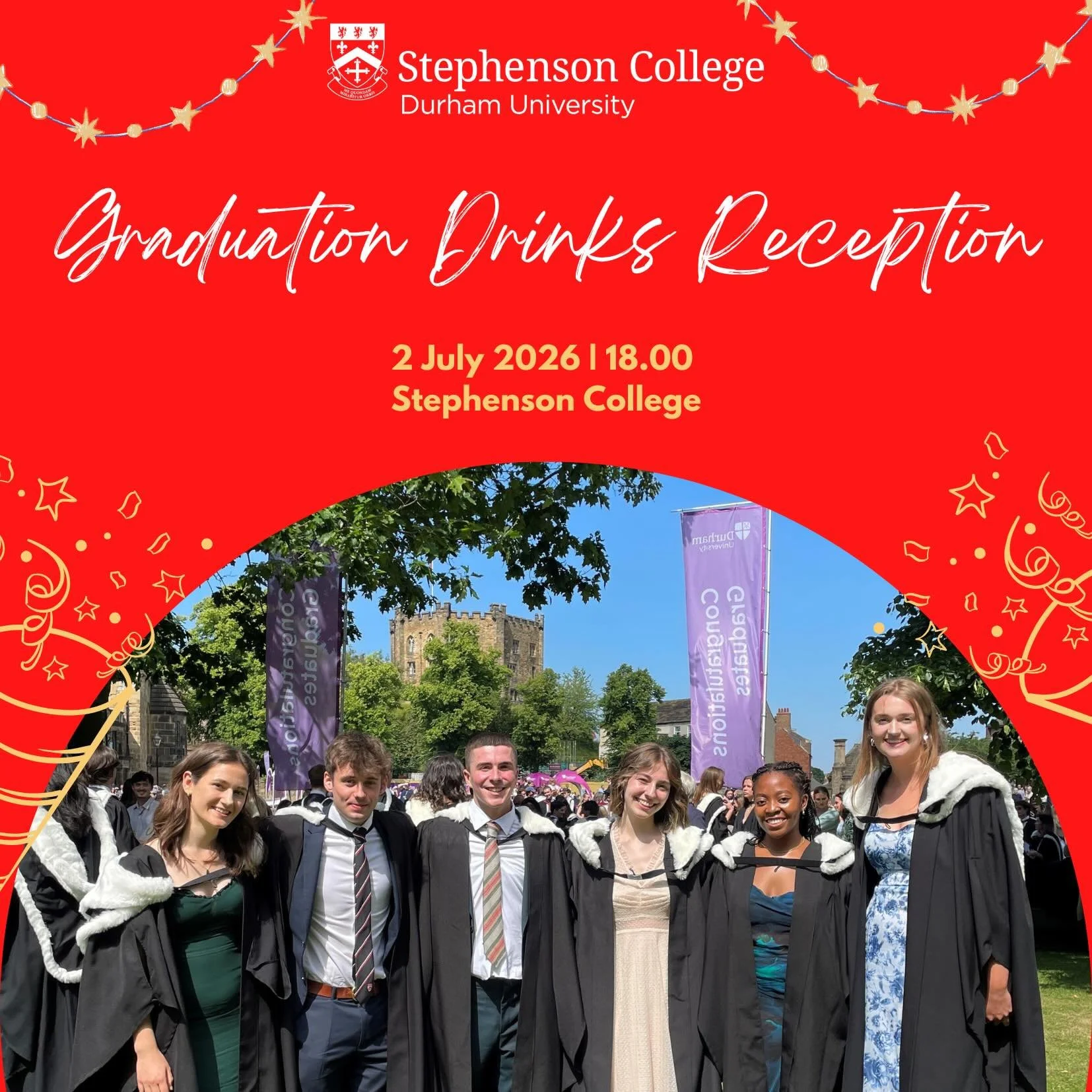 We hope you can join us for our annual Graduation Drinks Reception on Thursday 2 July 2026 at 18.00! The Graduation Drinks Reception will be held in Platform 1 and 2, Wylam with welcome drinks and a buffet served from 18.00. The dress code is smart.
