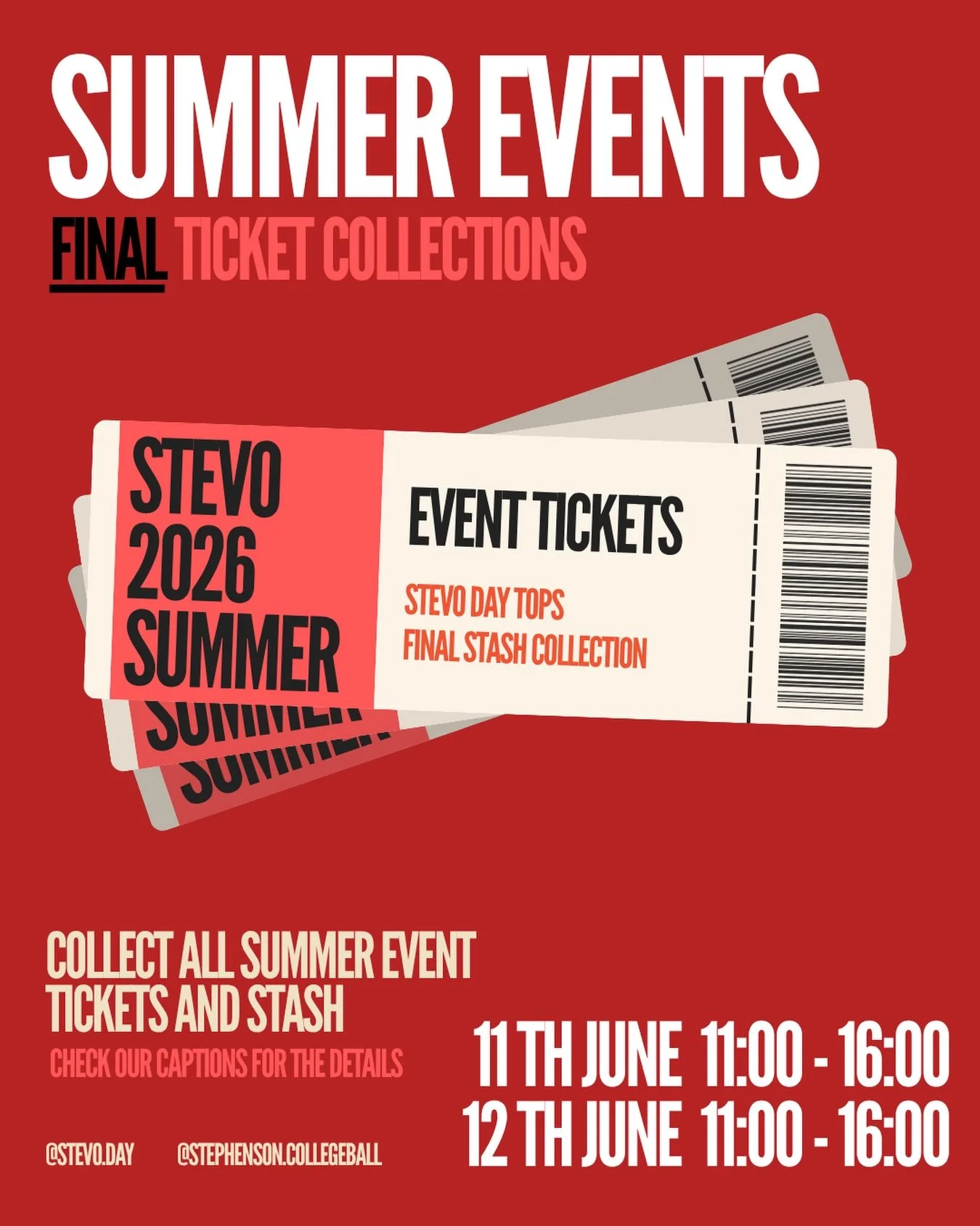 FINAL SUMMER EVENT  TICKET COLLECTION

Central 11-4 Thursdays and Friday this week. LAST chance to buy Stevo day wristbands. 

All tickets must be collected in advance of events