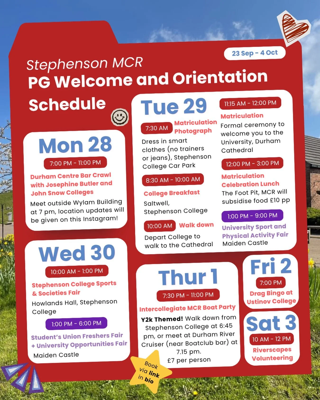 Here&rsquo;s part two of the postgraduate Welcome and Orientation Week Schedule!

Don&rsquo;t miss out on matriculation as it&rsquo;s your formal welcoming to the university and a fun Durham tradition 🎓

The weekly pub quiz also returns on Sunday 4t