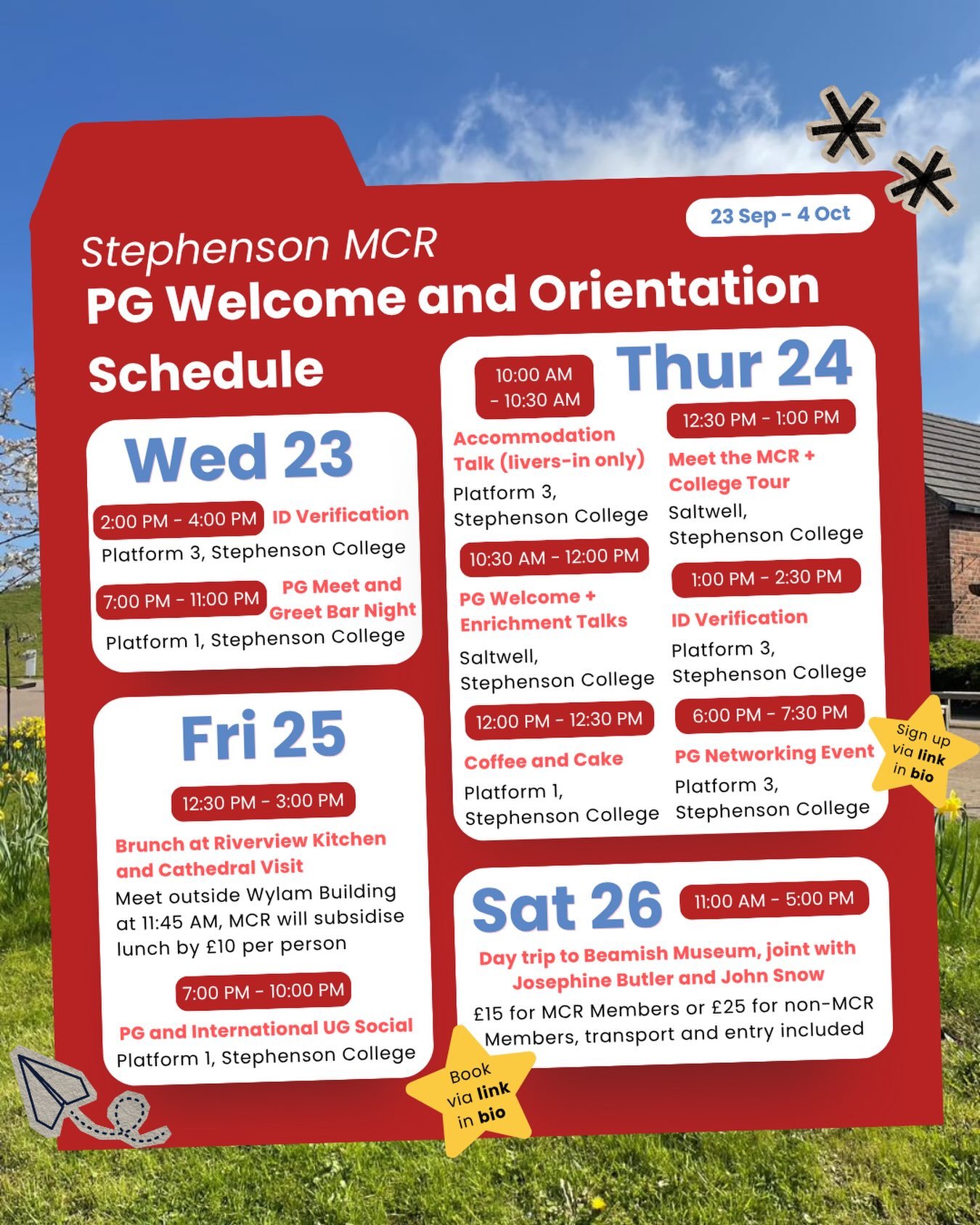 There&rsquo;s only one week to go until the start of Welcome and Orientation Week for new postgraduate students at Stephenson College 🕺

Here&rsquo;s what&rsquo;s planned for the first week, all links can be found in our bio, any questions please se