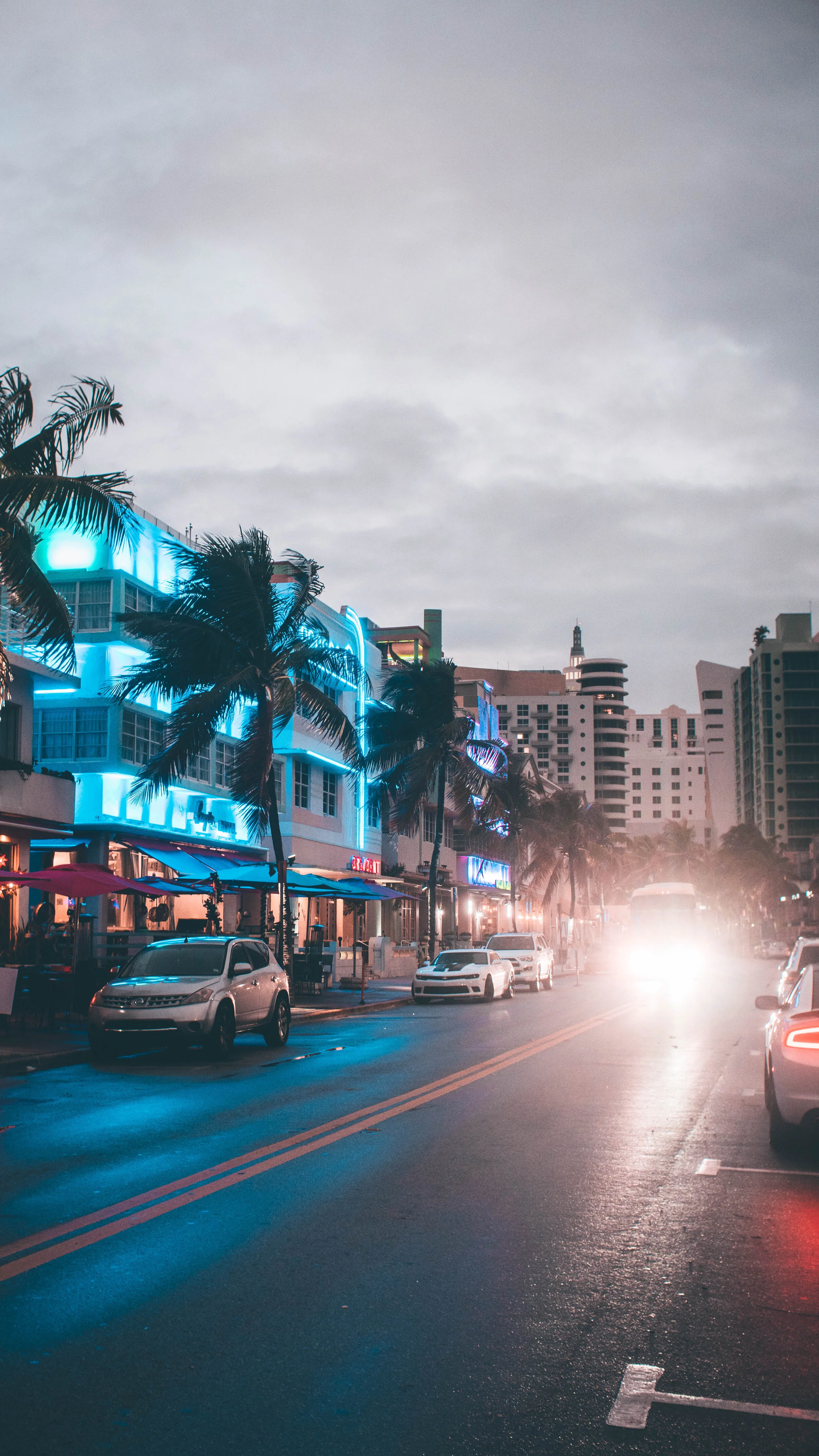 Street view in the early evening of Ocean Drive in Miami South Beach.