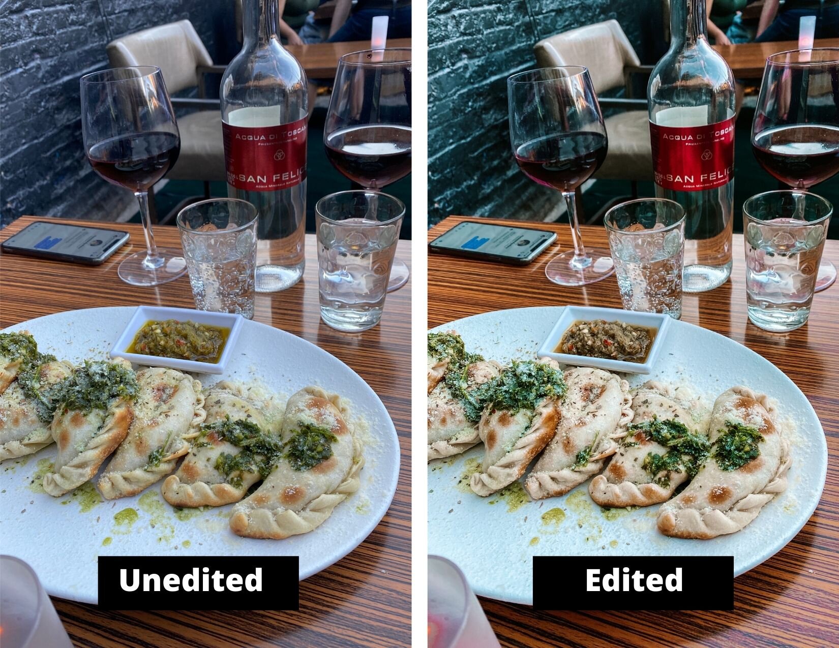 Empanadas &amp; two glasses of red wine on a table. Comparing an unedited &amp; an edited photo.